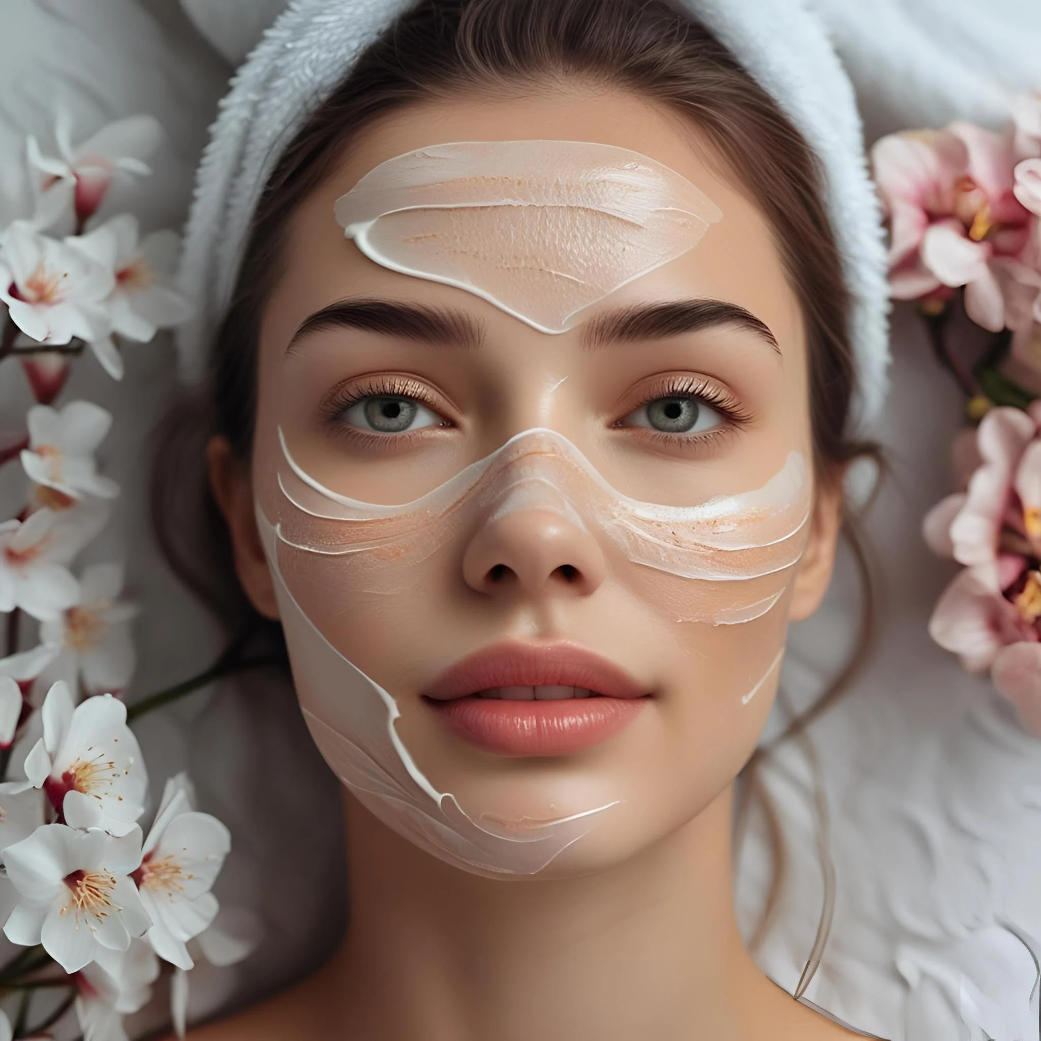 Close-up of a woman with clear skin lying down with flowers around her, applying a facial mask.