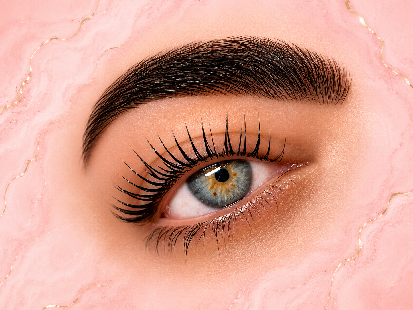 Close-up of a human eye with makeup, showcasing the eyelashes, eyebrow, and iris, against a pink, ornate background with gold accents.