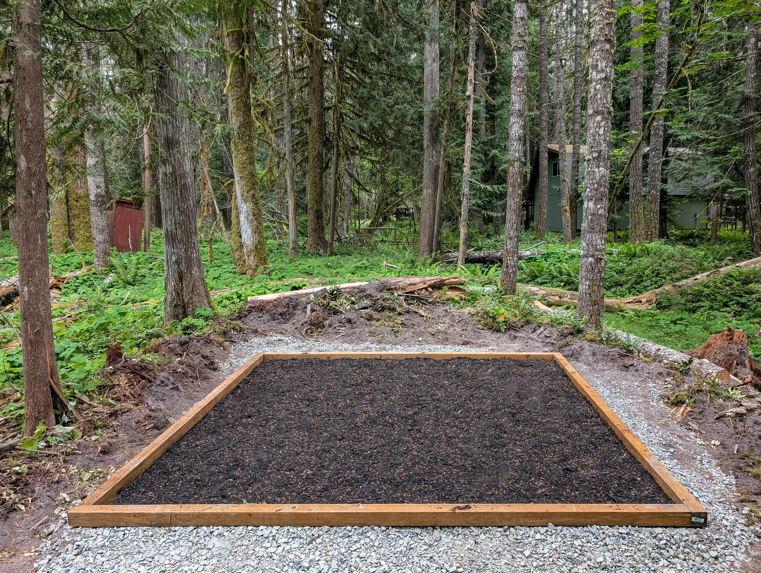 Freshly prepared tent pad with black soil within wooden borders in a forested area with tall trees, green undergrowth, and nearby small structures.