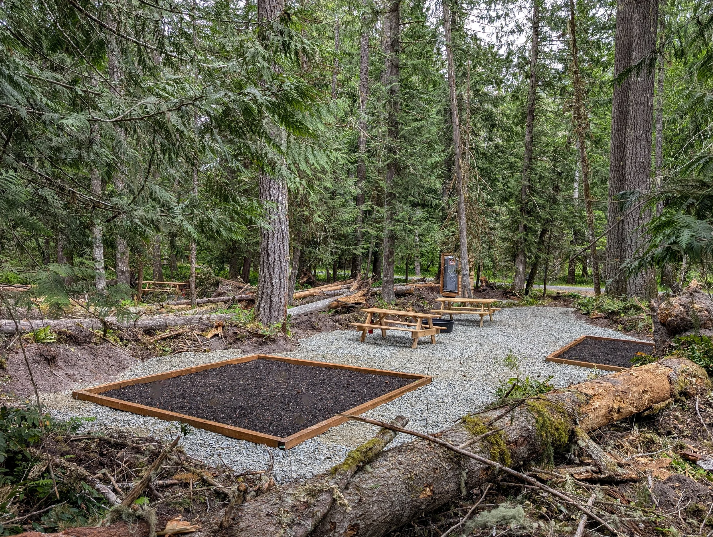 In a forest, there are two tent pads framed with wood, several picnic tables, a portable toilet, and a walking trail among tall trees with dense green foliage.