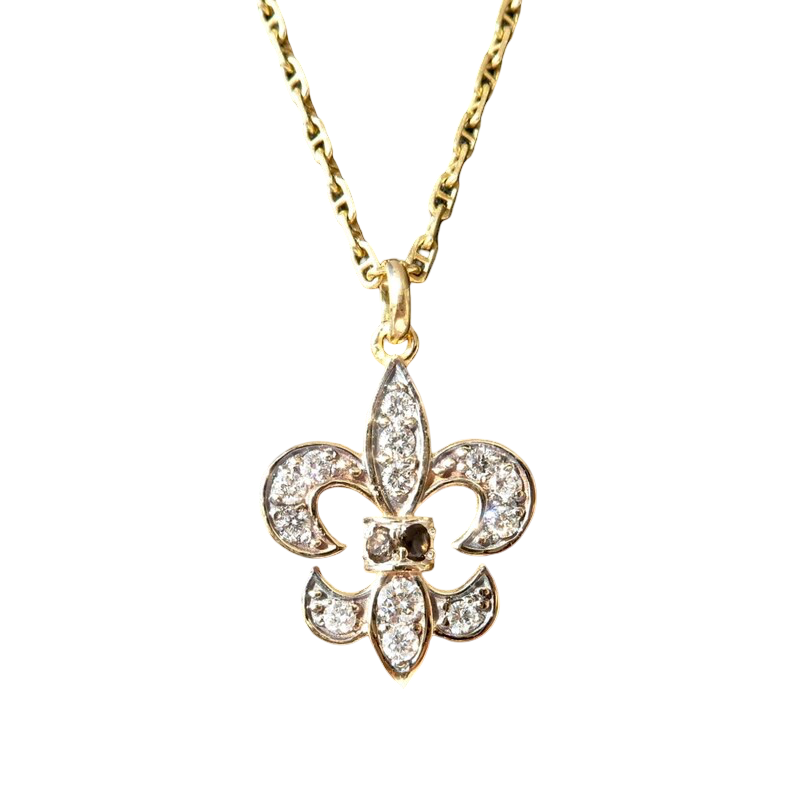 vintage ' Français Lys ' Charm / Pendentif, Diamants & Onyx, 18k Or