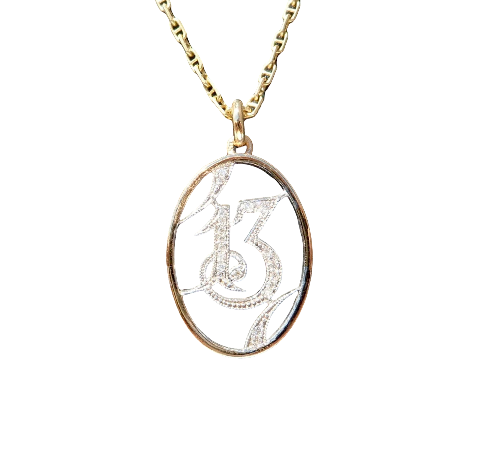 Charm / Pendentif porte-bonheur Art Déco Numéro 13, Diamants, Or 18 carats