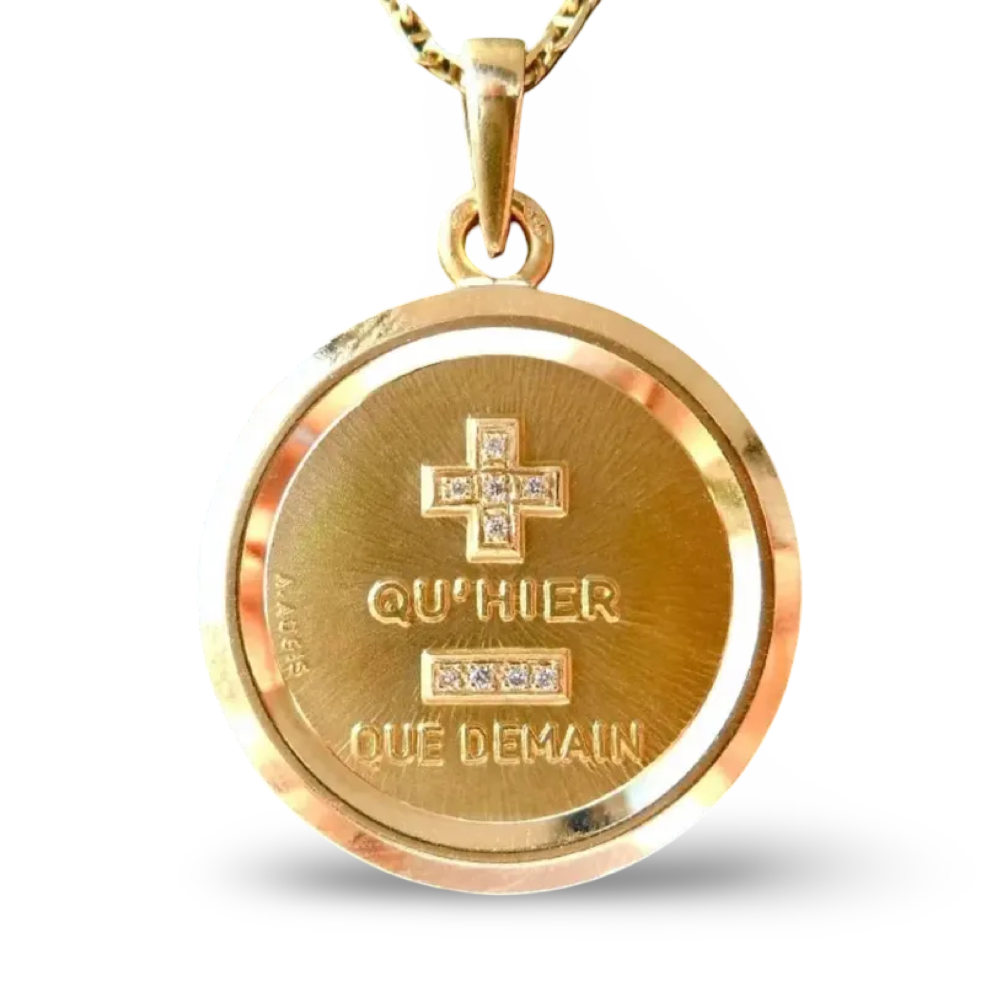 Vintage French ' + qu'hier - que demain ' Charm pendant / Love Token, Signed A.AUGIS, 18k Gold