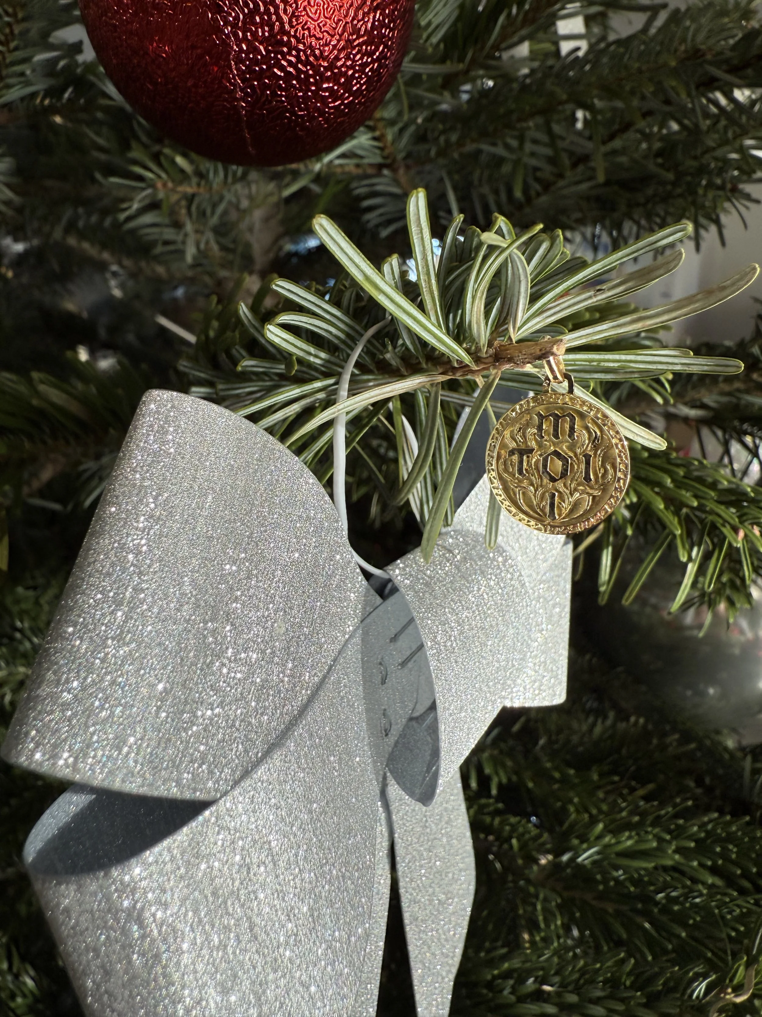 Décoration de Noël sur un sapin avec un bouclier décoratif, une branche de sapin, une boule rouge et une médaille dorée.