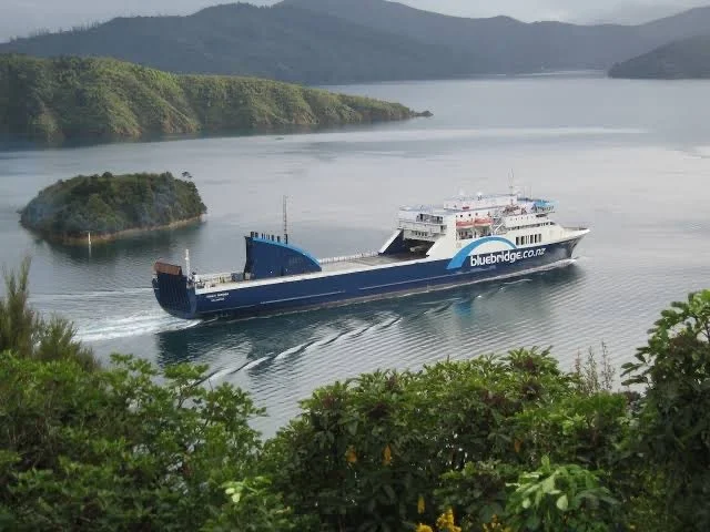 Bluebridge ferry on a lake surrounded by hills and greenery