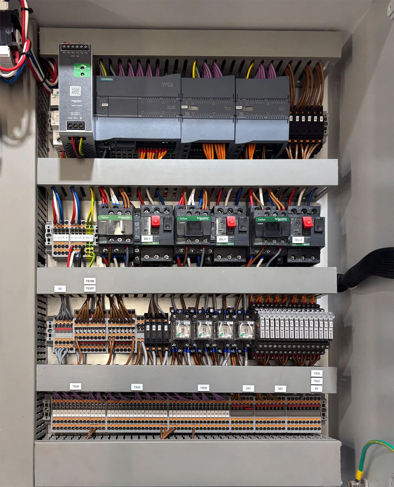 Automation Systems electrical control panel with various circuit breakers, relays, and wiring components.