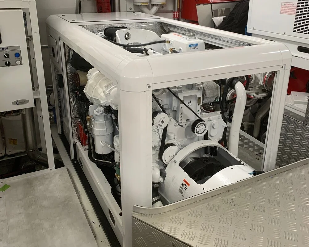Close-up of a white marine generator