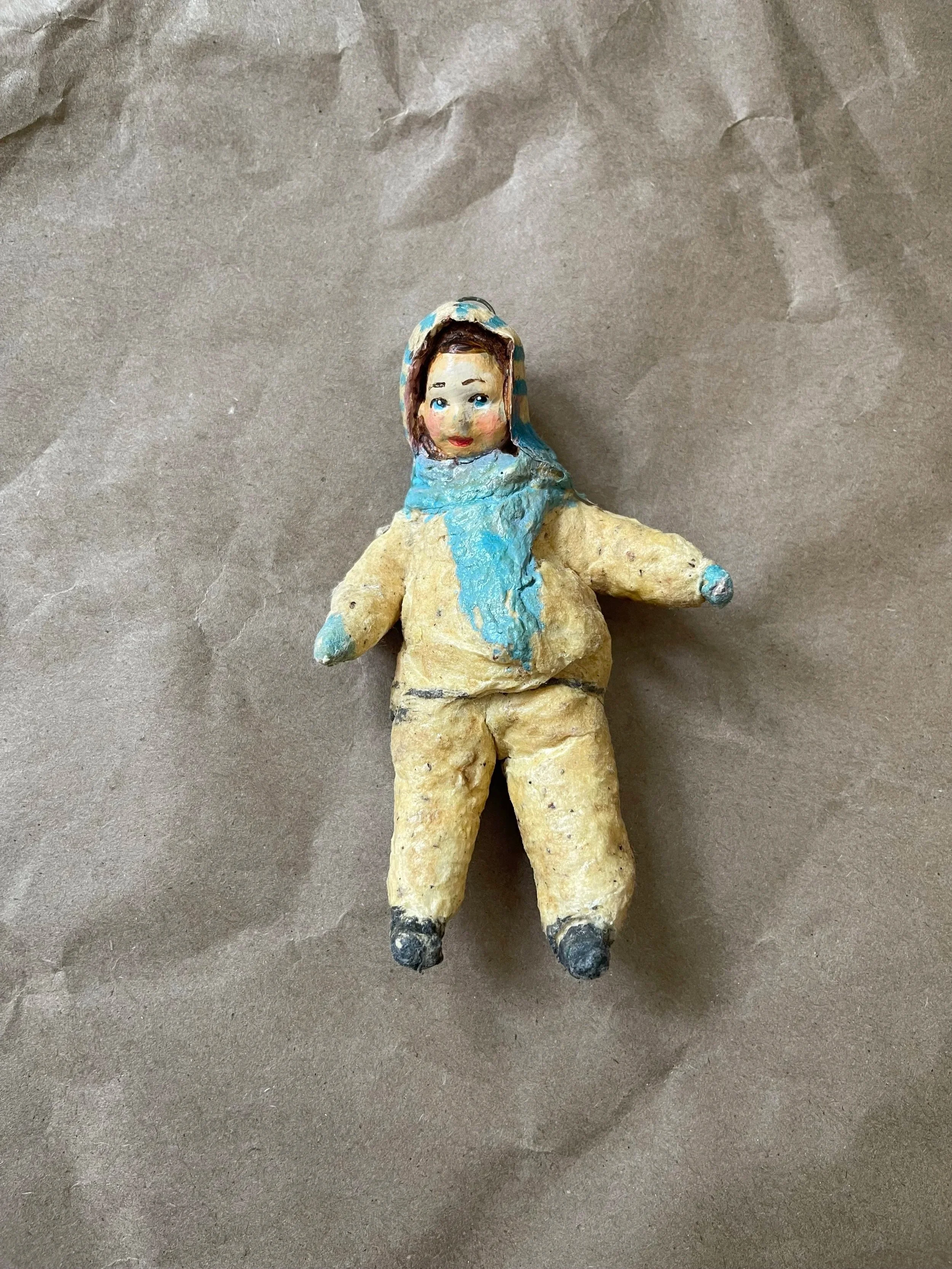 Russian Spun Cotton Child Ornament with Blue Scarf.