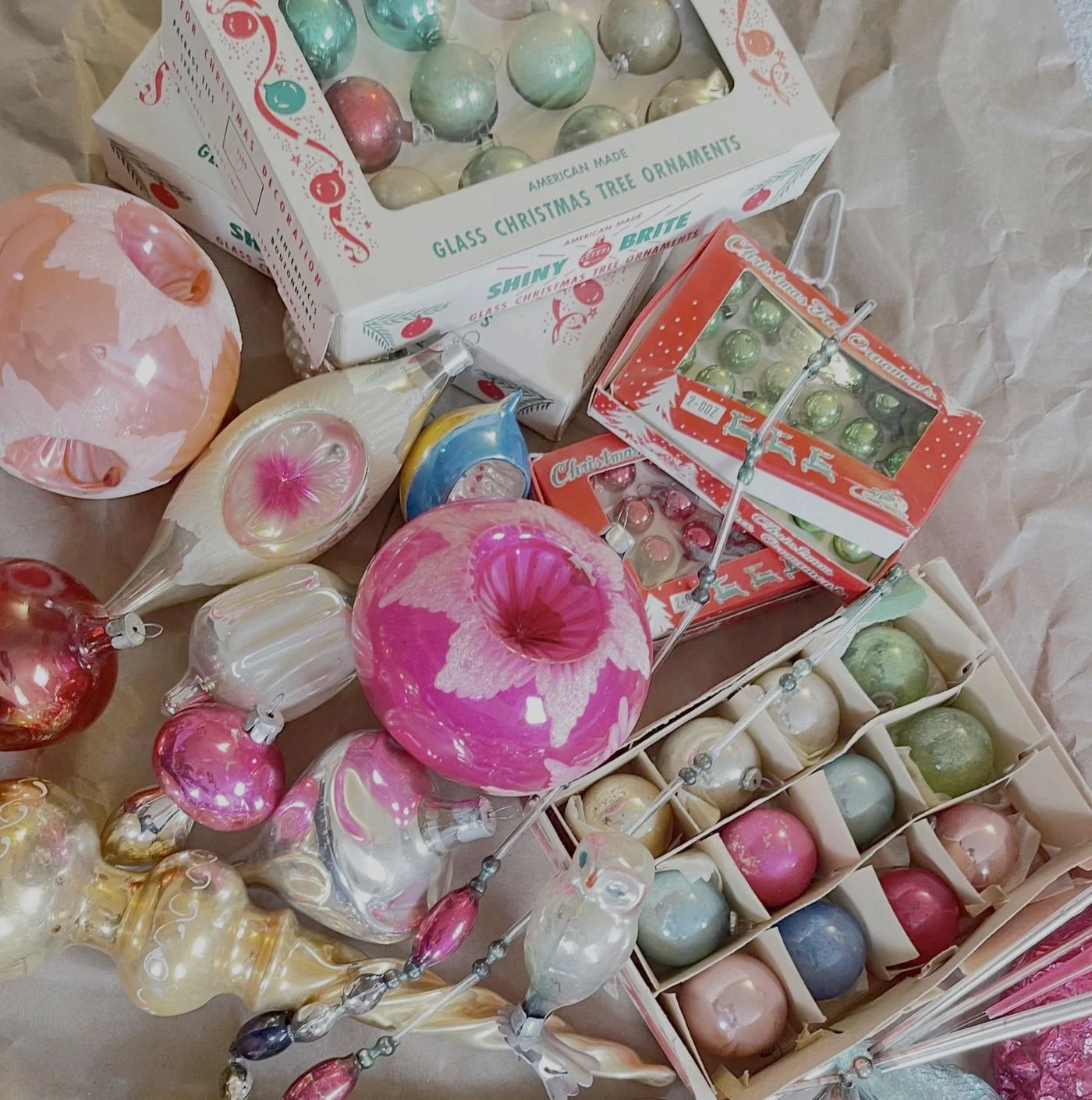 Vintage glass ornaments with Shiny Brite box, small boxed sets, dividers, and loose ornaments