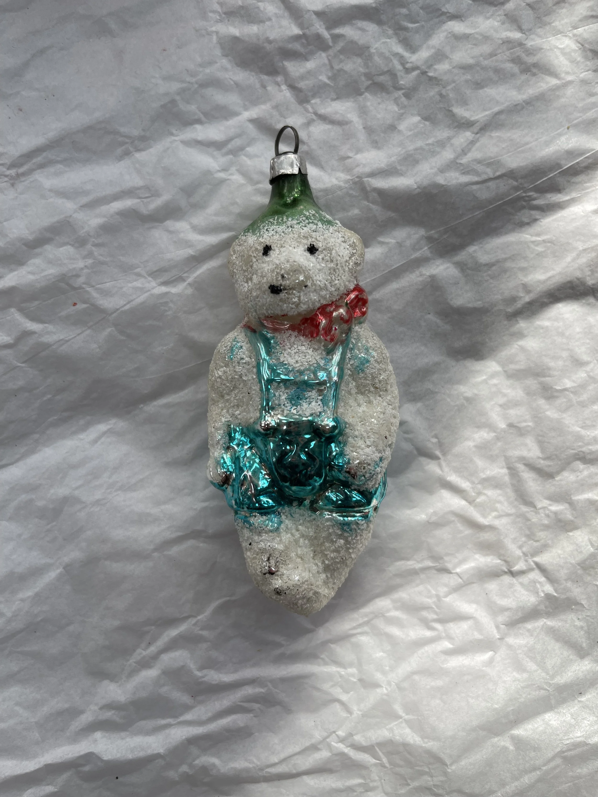 VintageBear Glass Ornament with Mica and Teal Suspenders