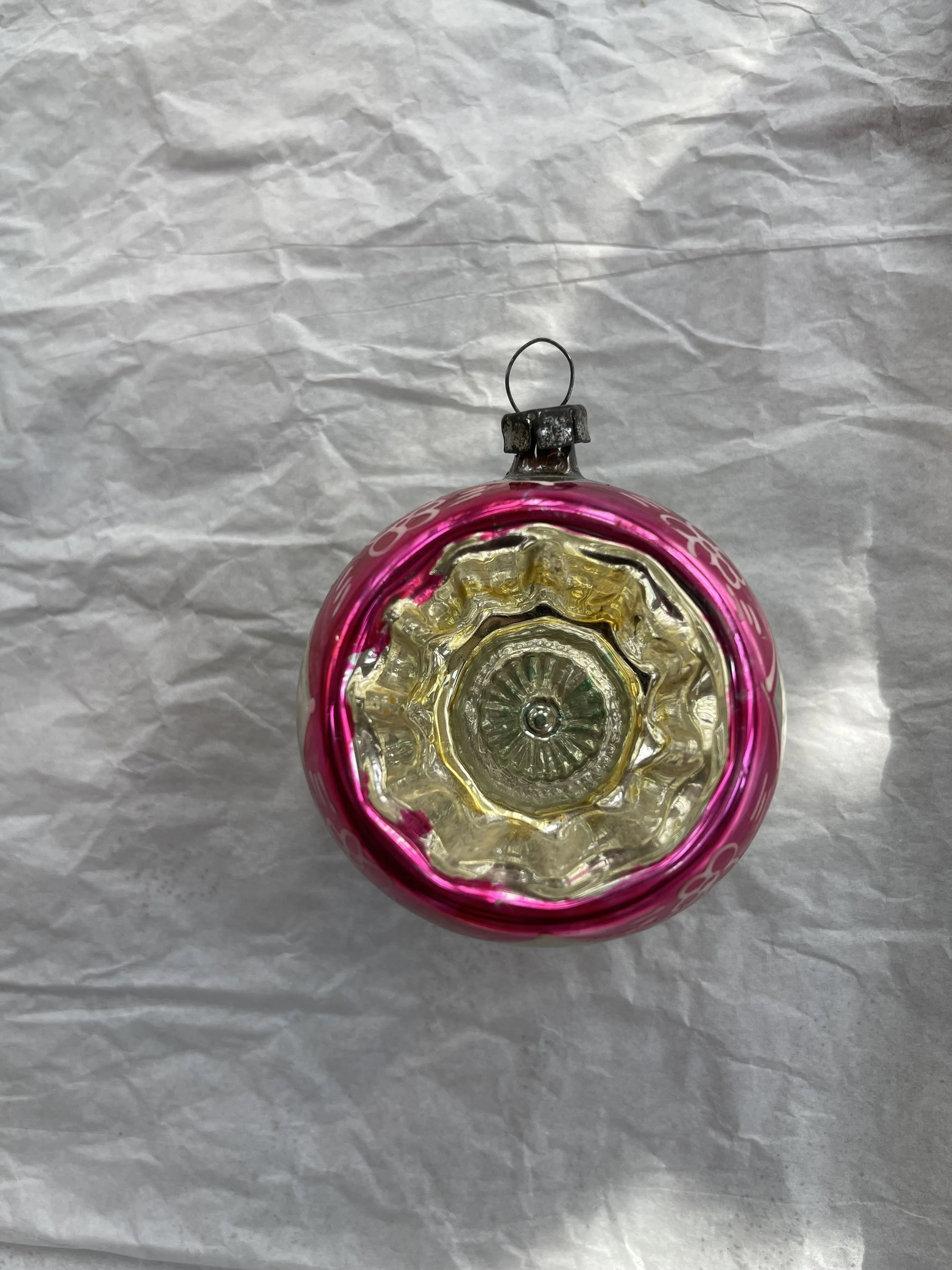 Vintage USSR Pink Indent Glass Ornament with Front & Back Design