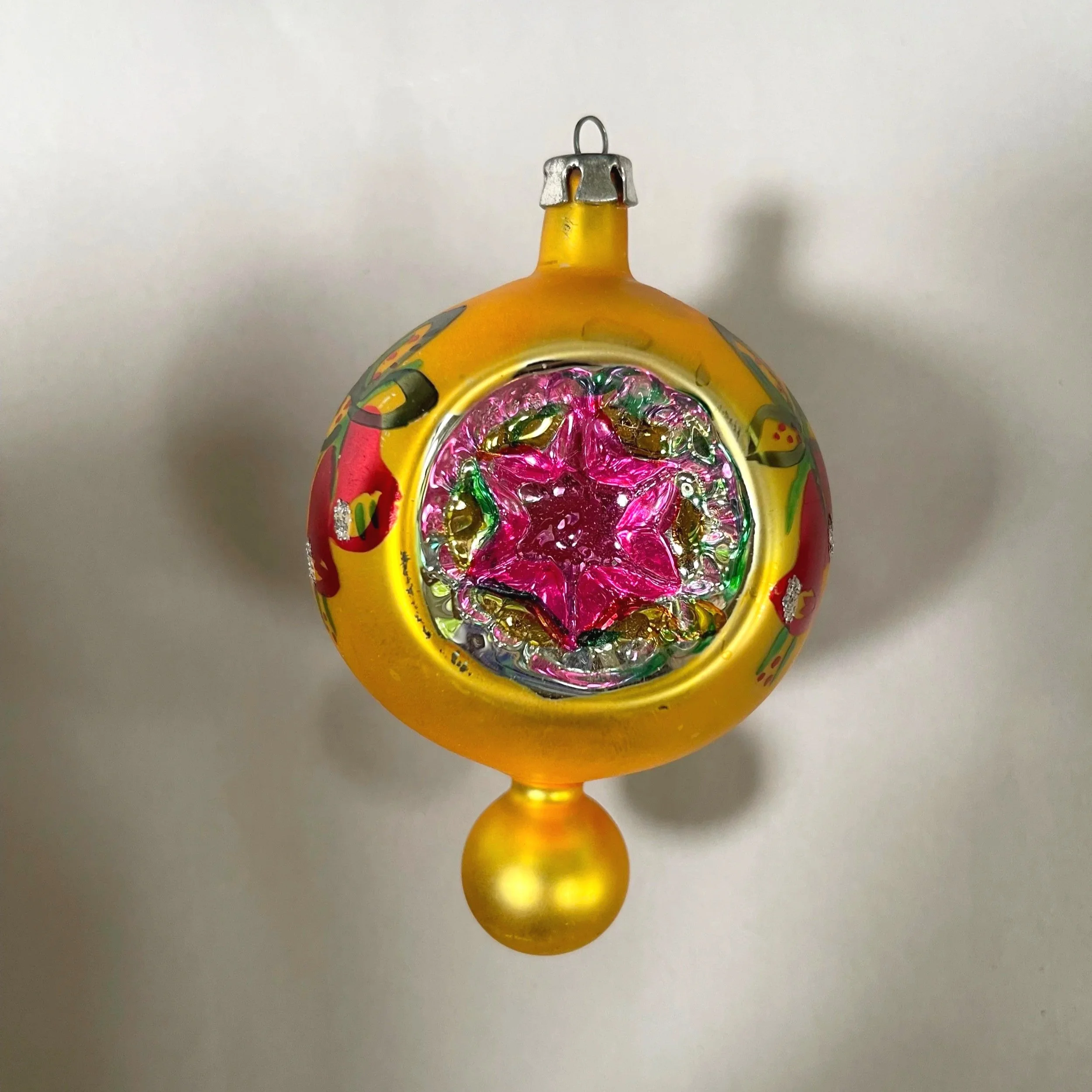Vintage Polish triple-indent ornament with hand-painted bells.
