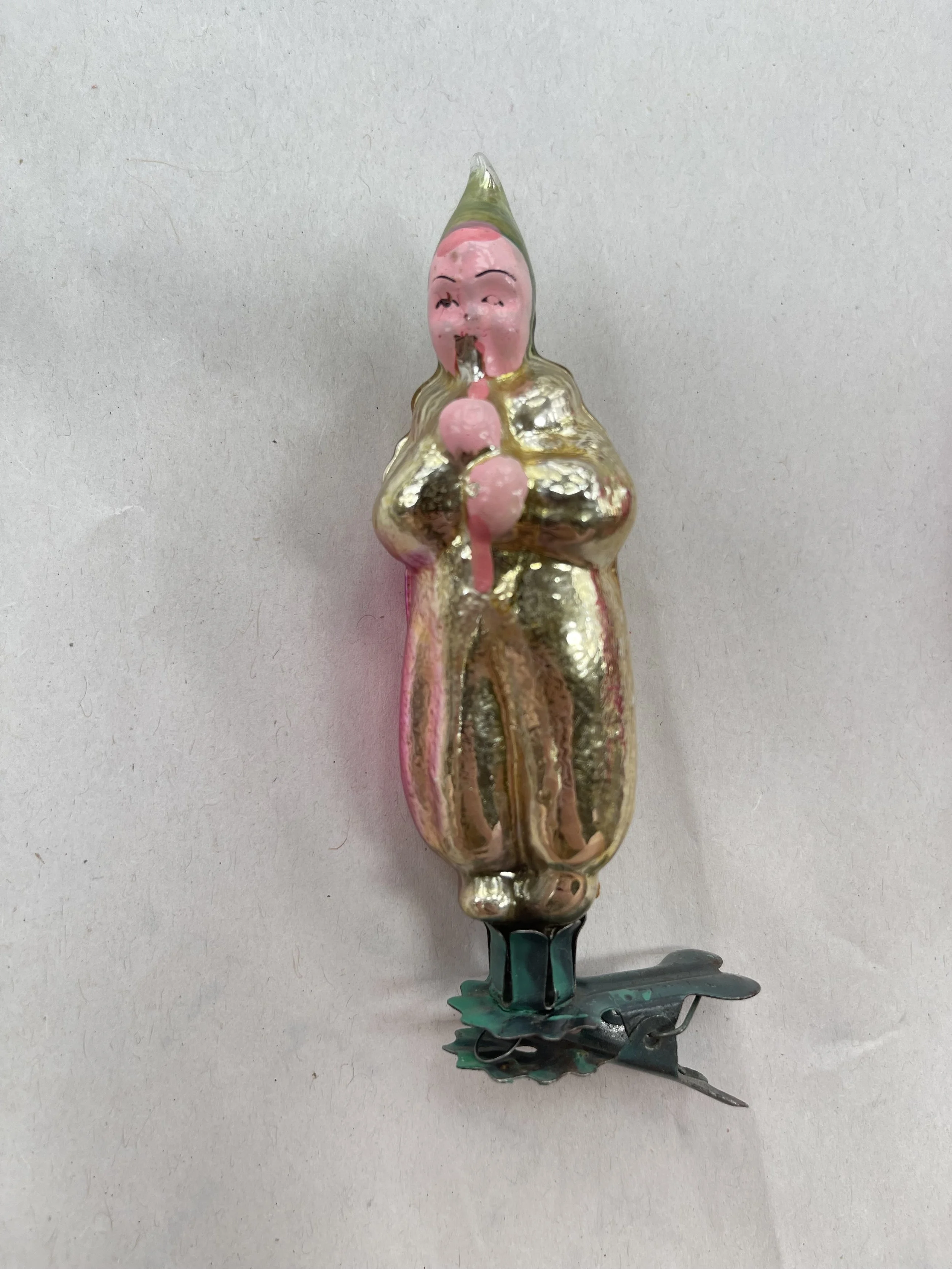 Vintage USSR Clip-On Glass Musician Ornament – Hand-Painted Soviet Figural