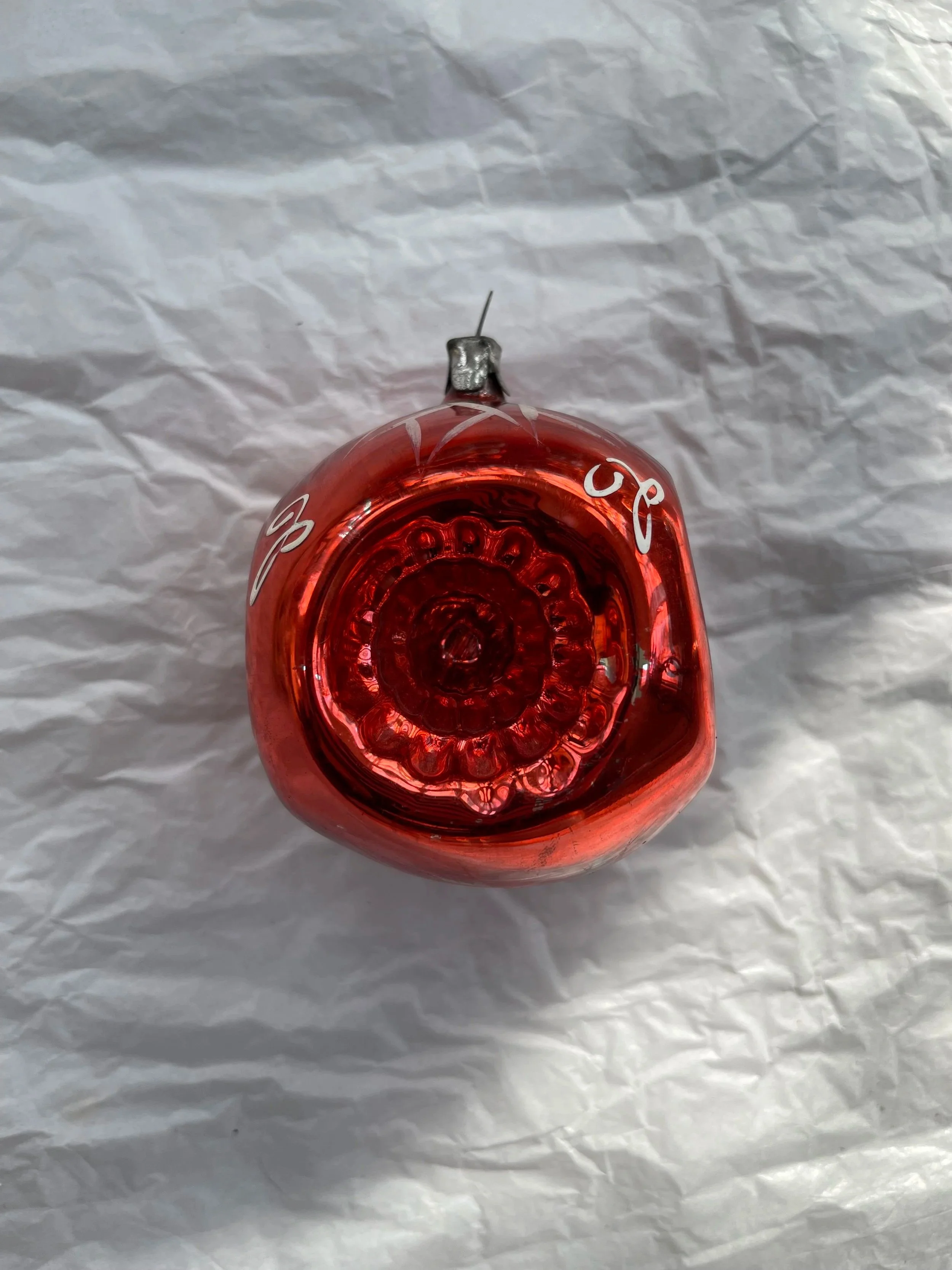 Vintage USSR Red Quad Indent Glass Ornament with Hand-Painted Details.