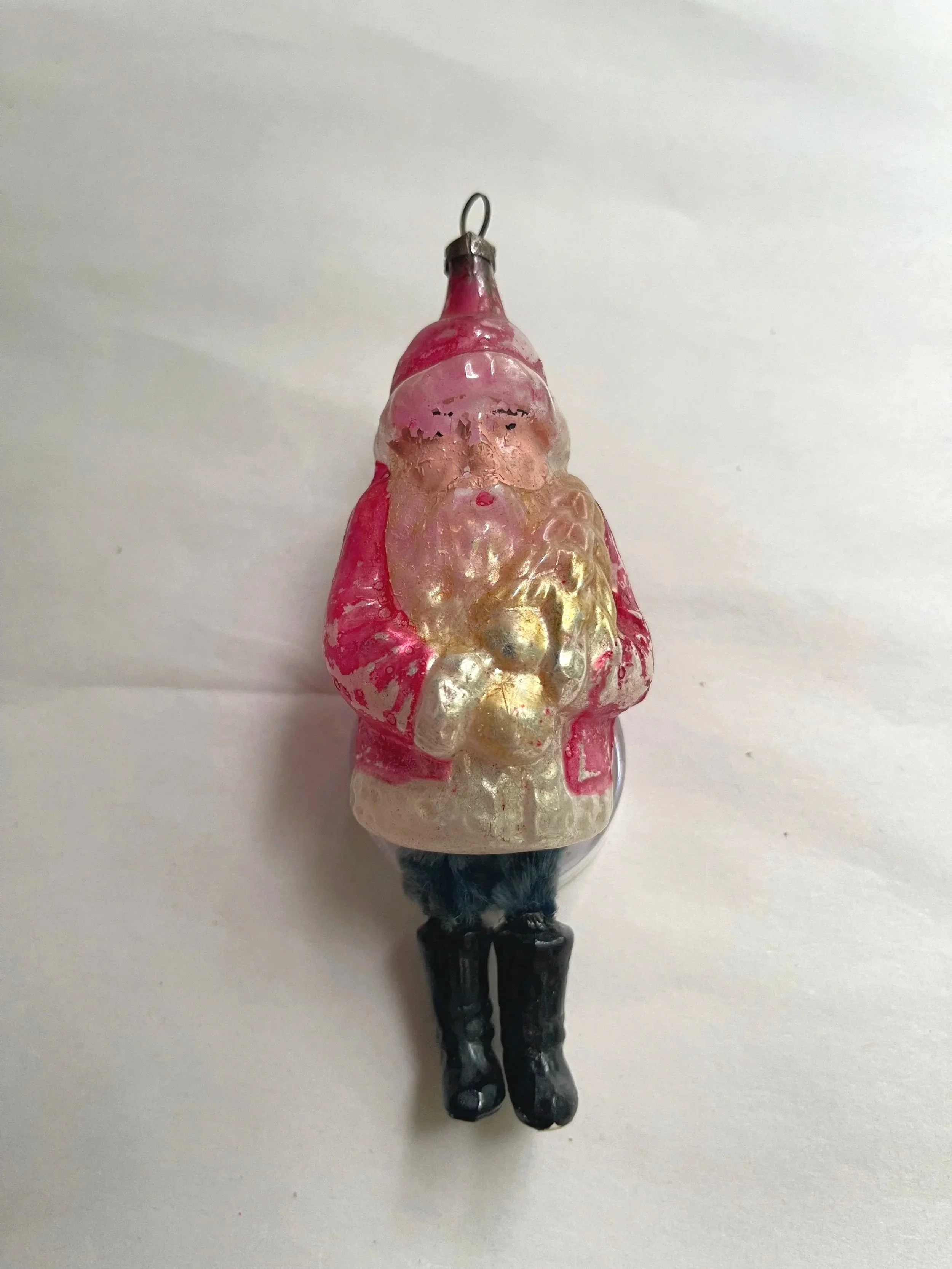 Antique German Glass Santa Christmas Ornament with Chenille Legs.
