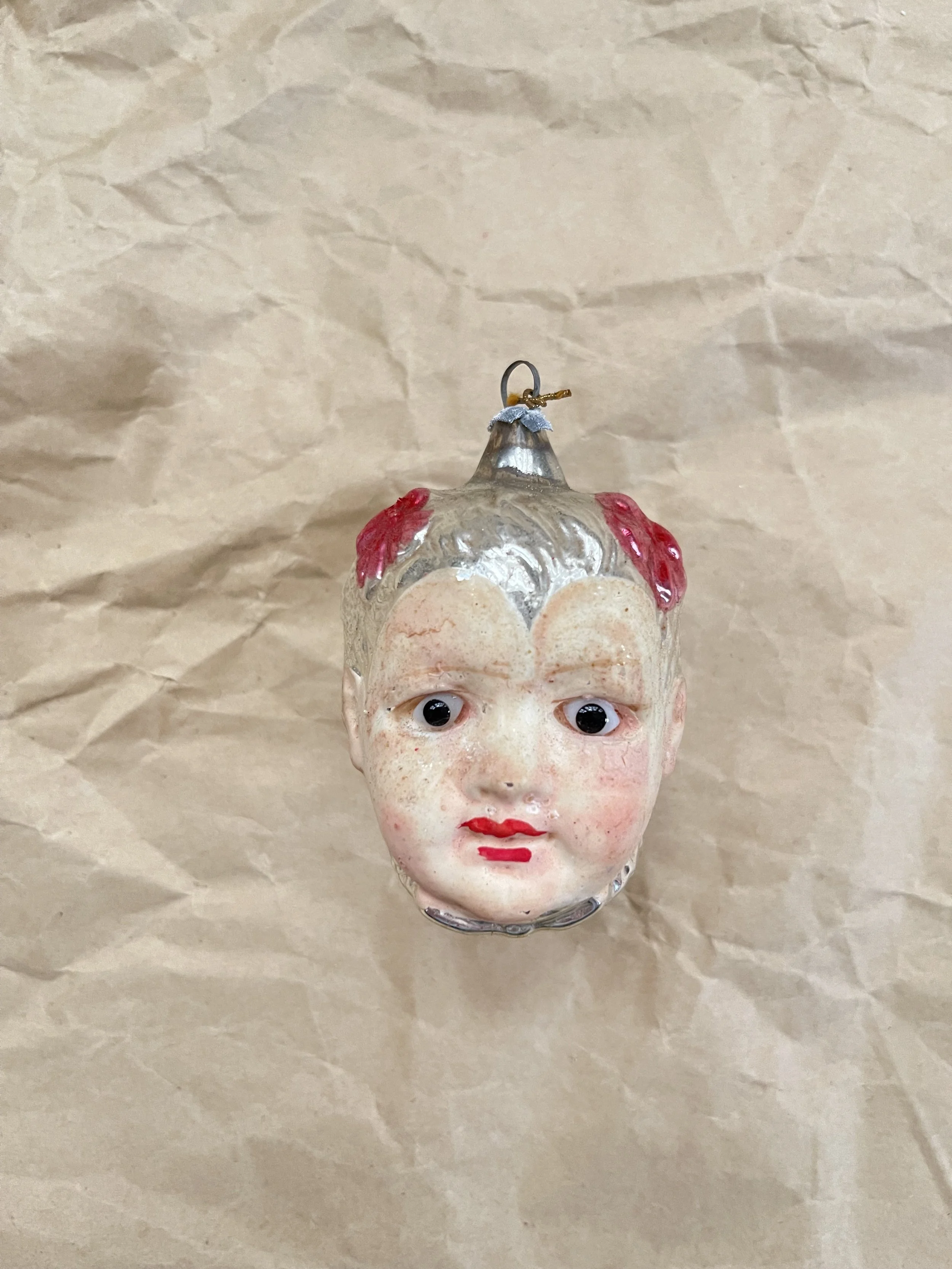 Antique German Girl with Bows Ornament with Glass Eyes