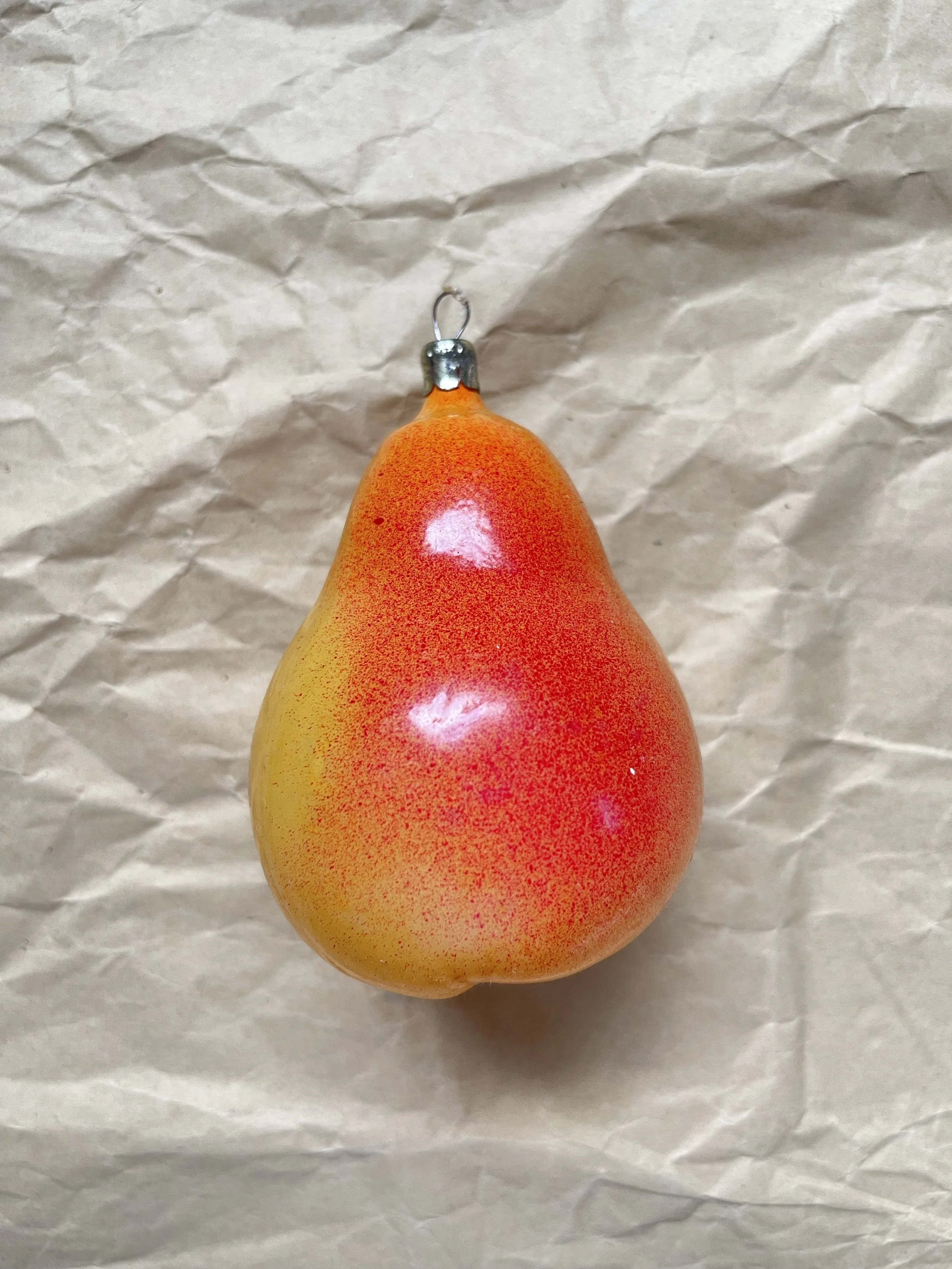 Vintage Yellow and Orange Glass Pear Christmas Ornament