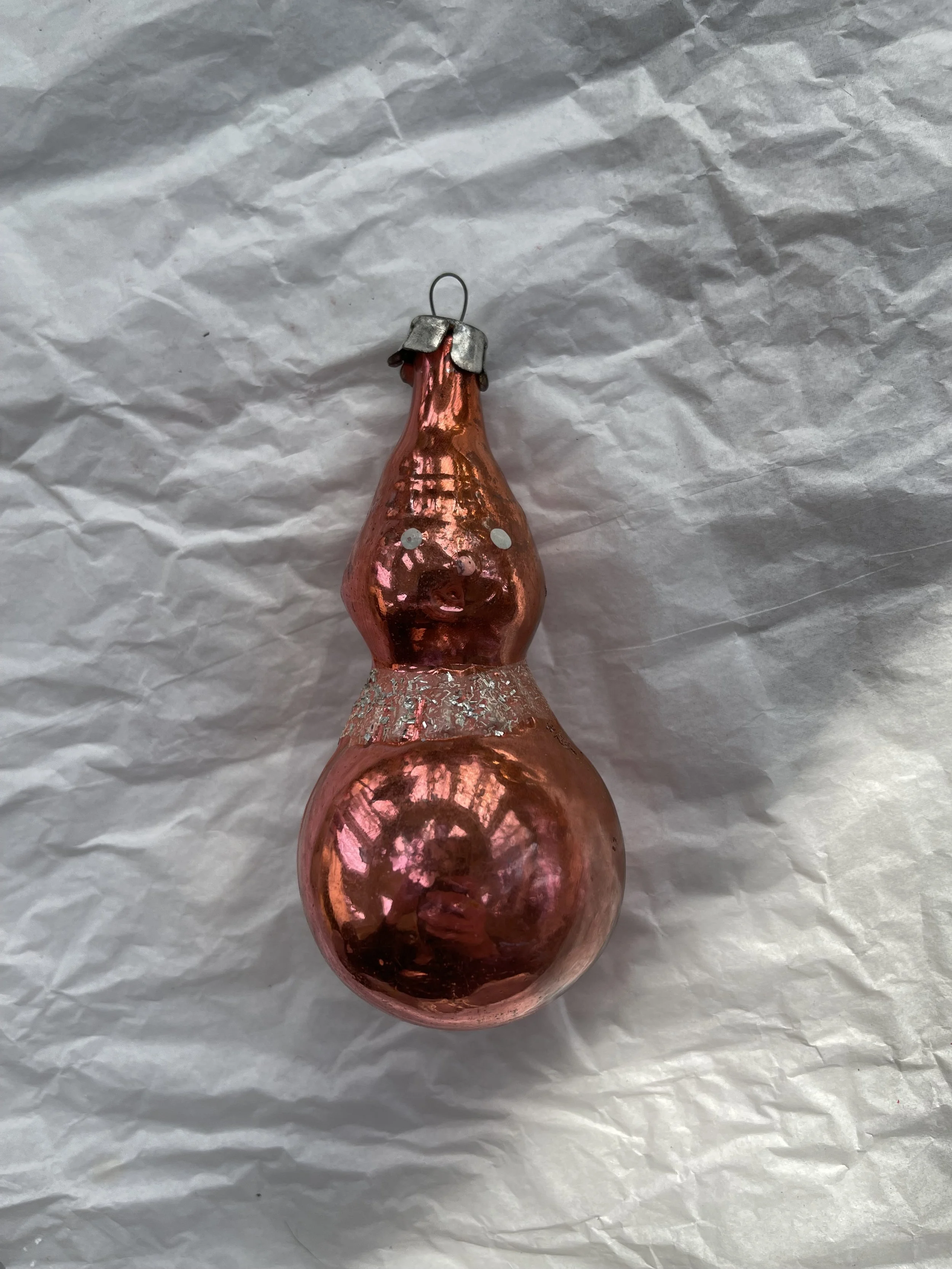 Vintage USSR Pink Snowman Glass Ornament with Glitter Collar