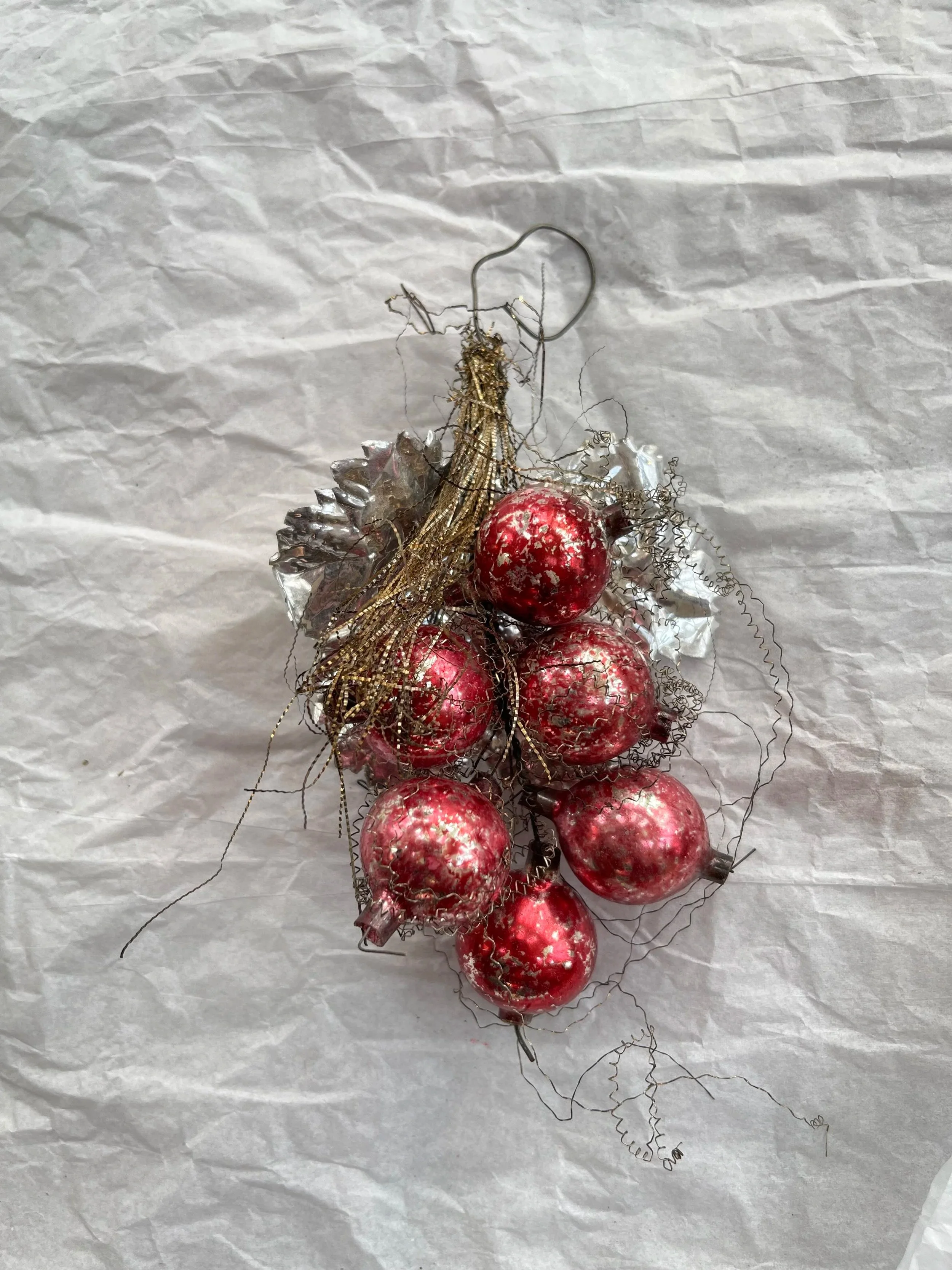 Antique Victorian Tinsel Grape Cluster Ornament with Glass Beads.