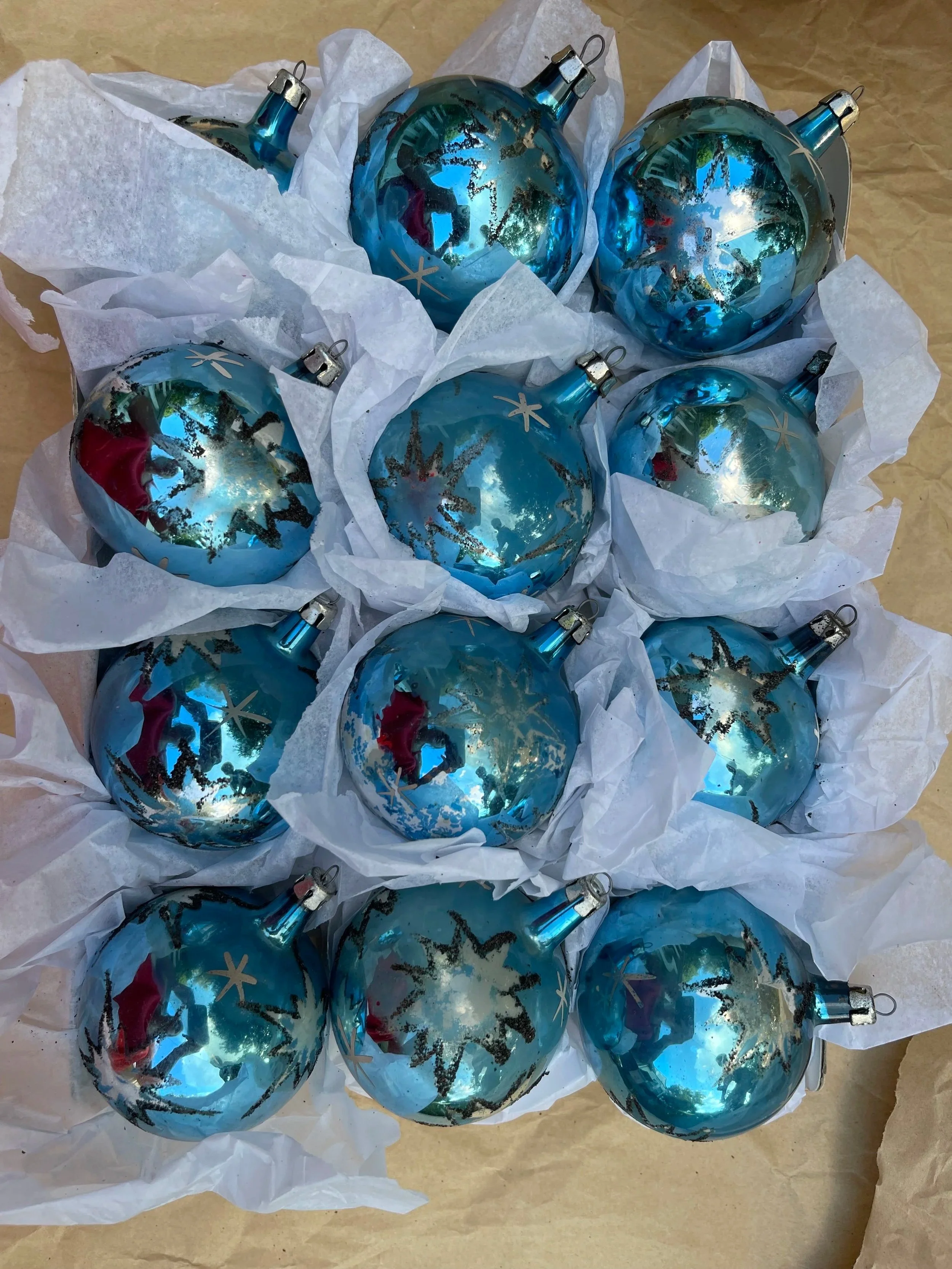 Blue Vintage Starburst Christmas Ornaments - Set of 12.