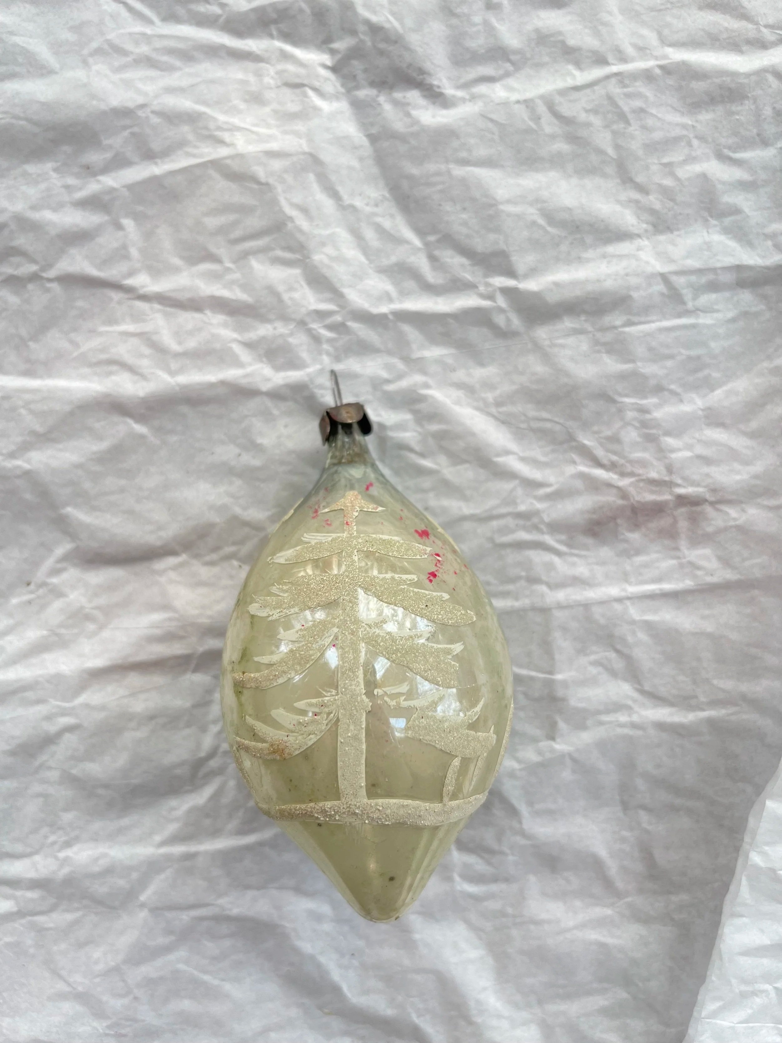 Vintage Hand-Painted Tree Teardrop Glass Ornament.