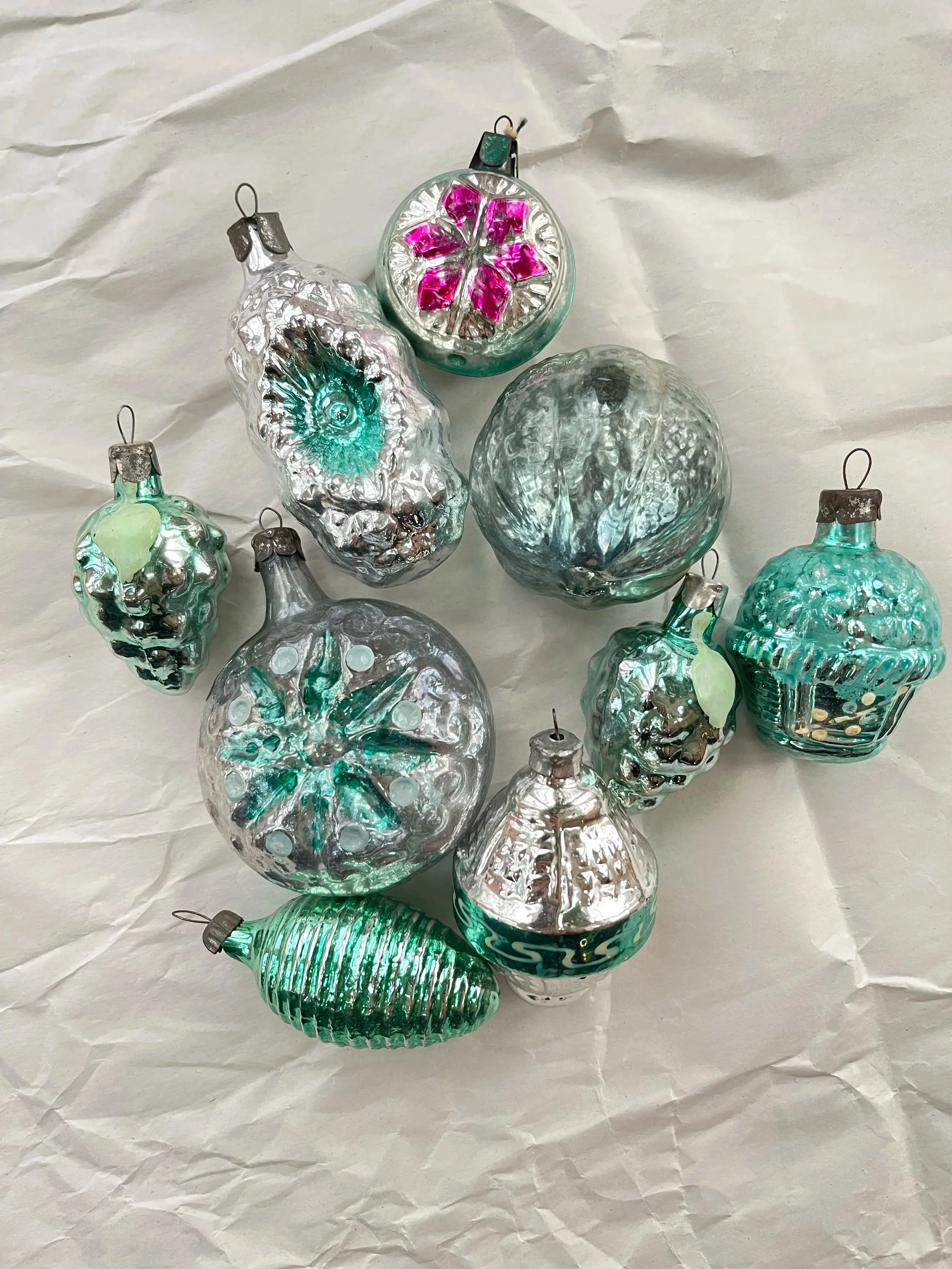 Vintage USSR Silver & Aqua Ornament Set — 10 Ornaments.