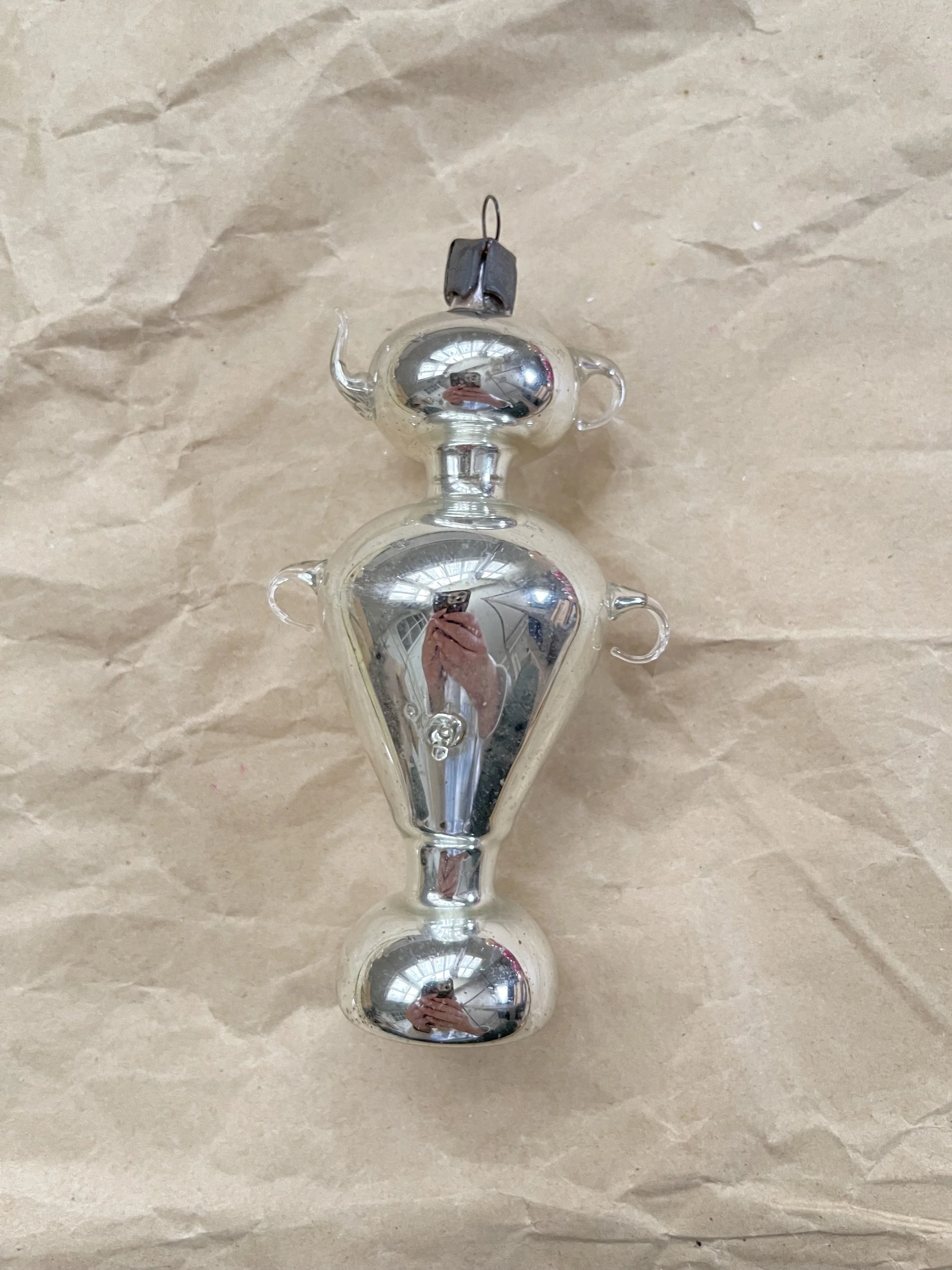 Vintage Silver Double-Ball Glass Drop Christmas Ornament