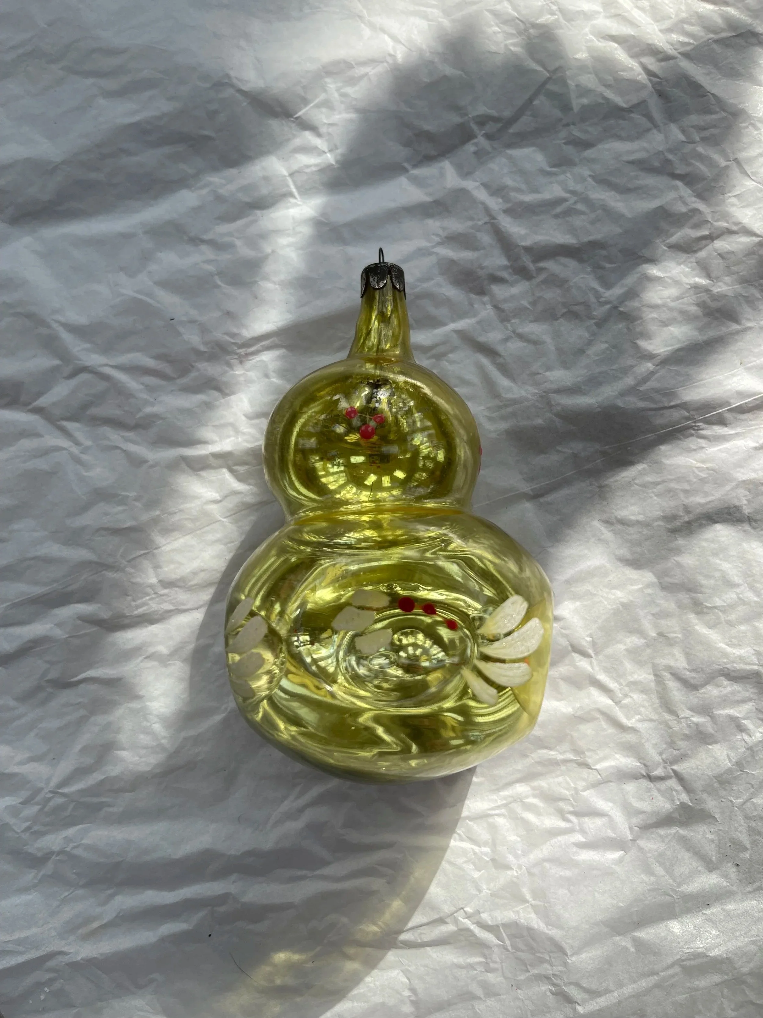 Large Vintage USSR Yellow Glass Ornament with Hand-Painted Details.
