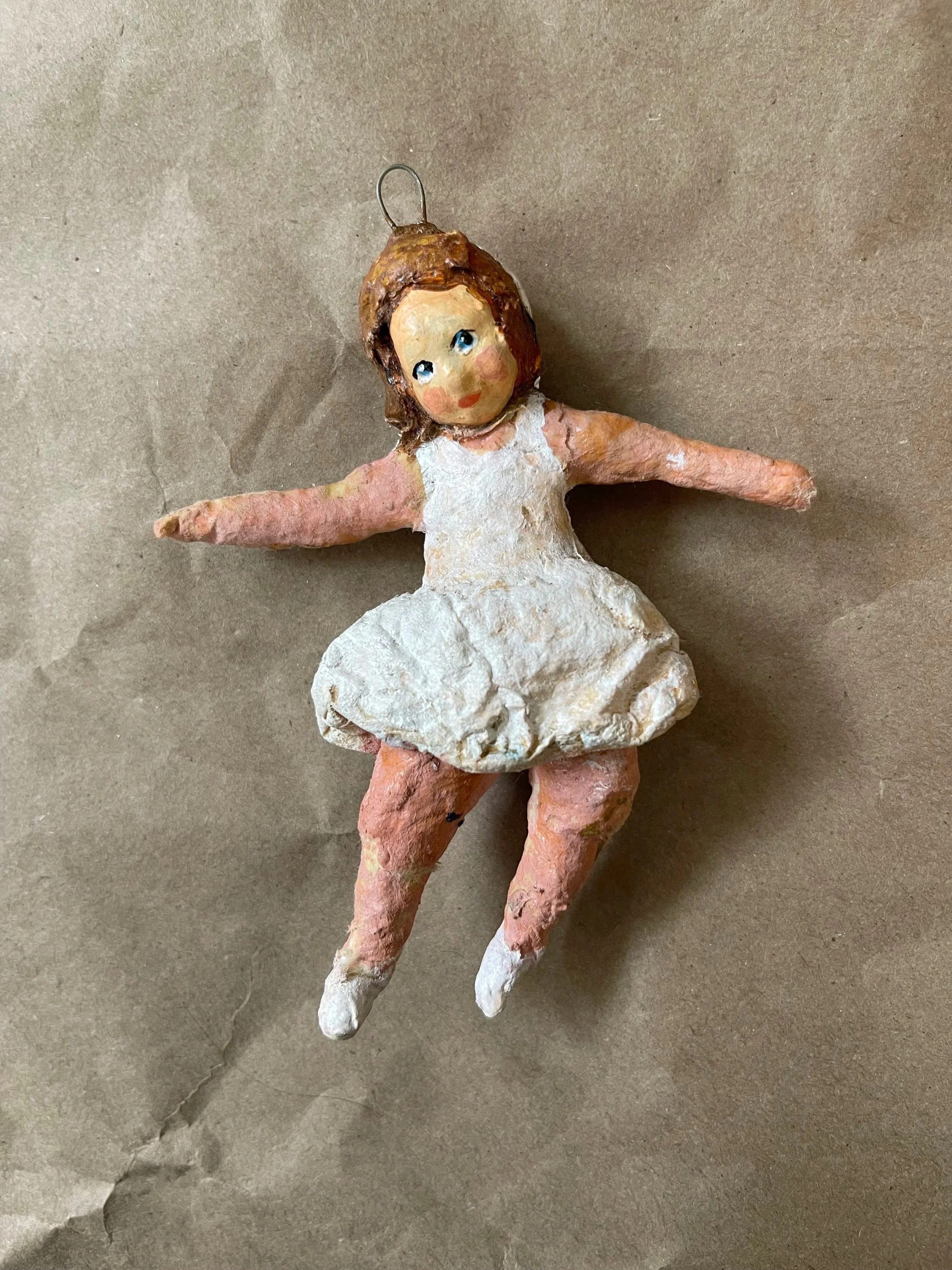 Russian Spun Cotton Child Ornament in White Dress.