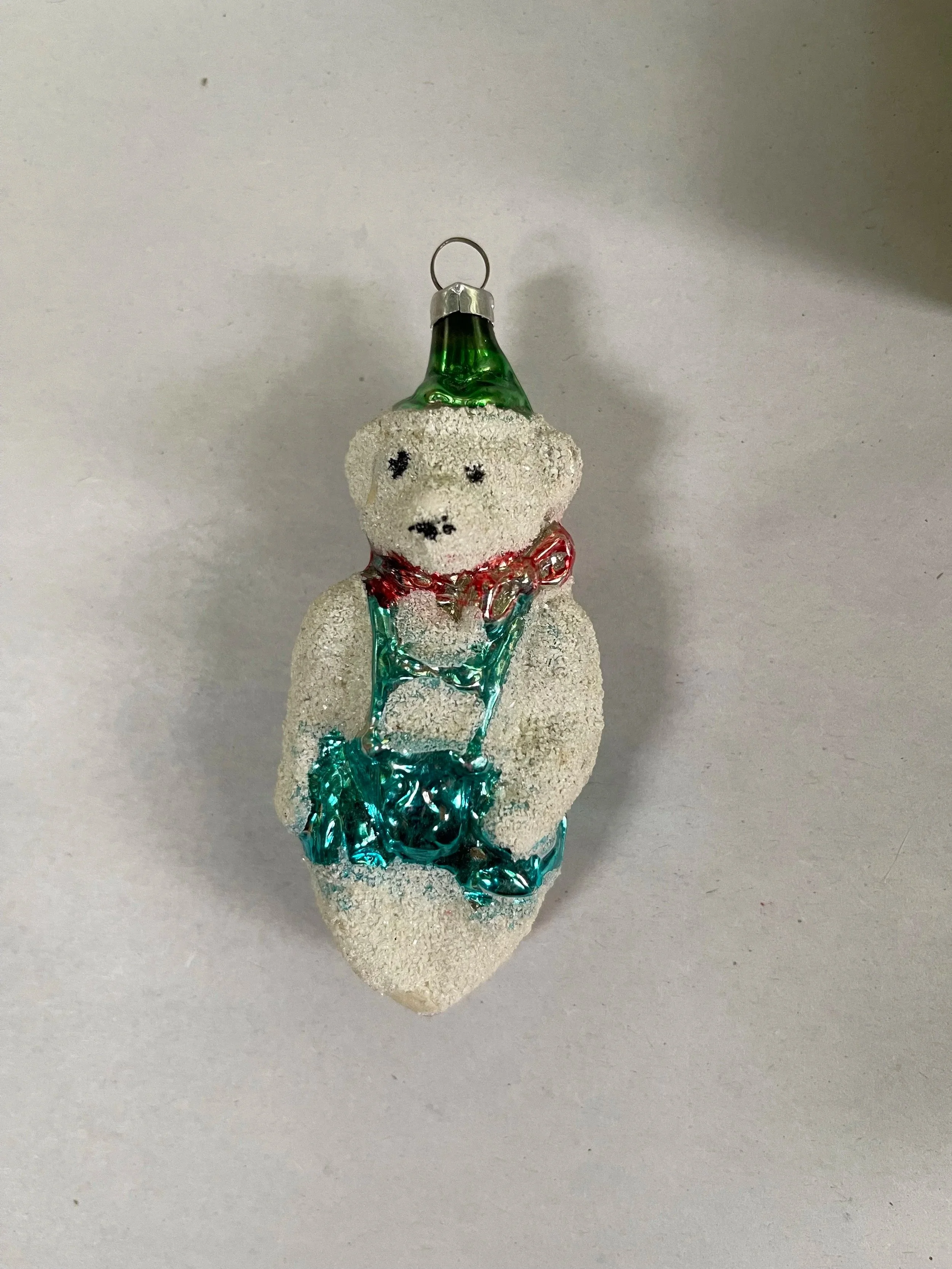 Vintage White Bear Ornament with Suspenders.