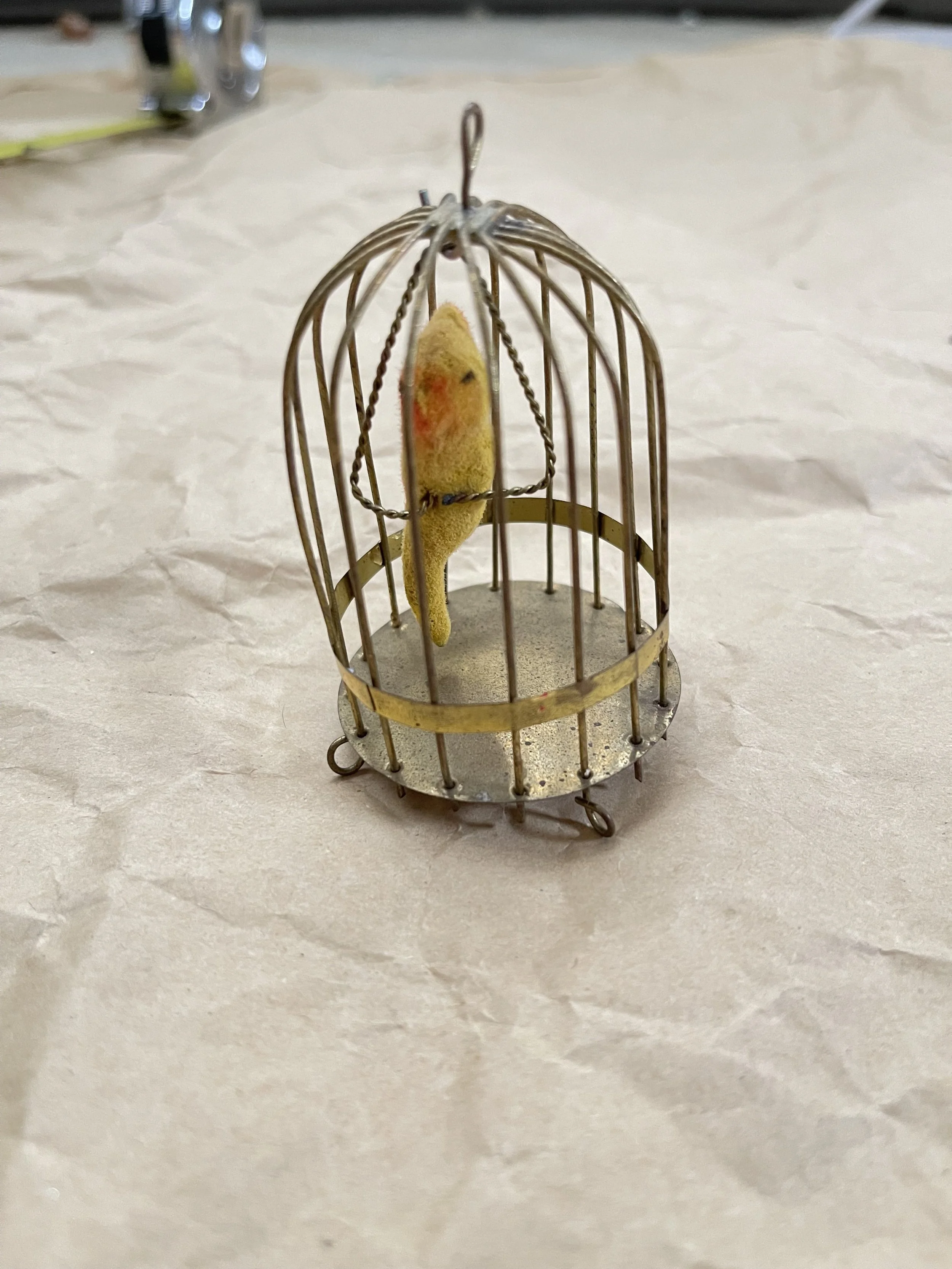 Antique German Brass Birdcage with Spun Cotton Bird Ornament
