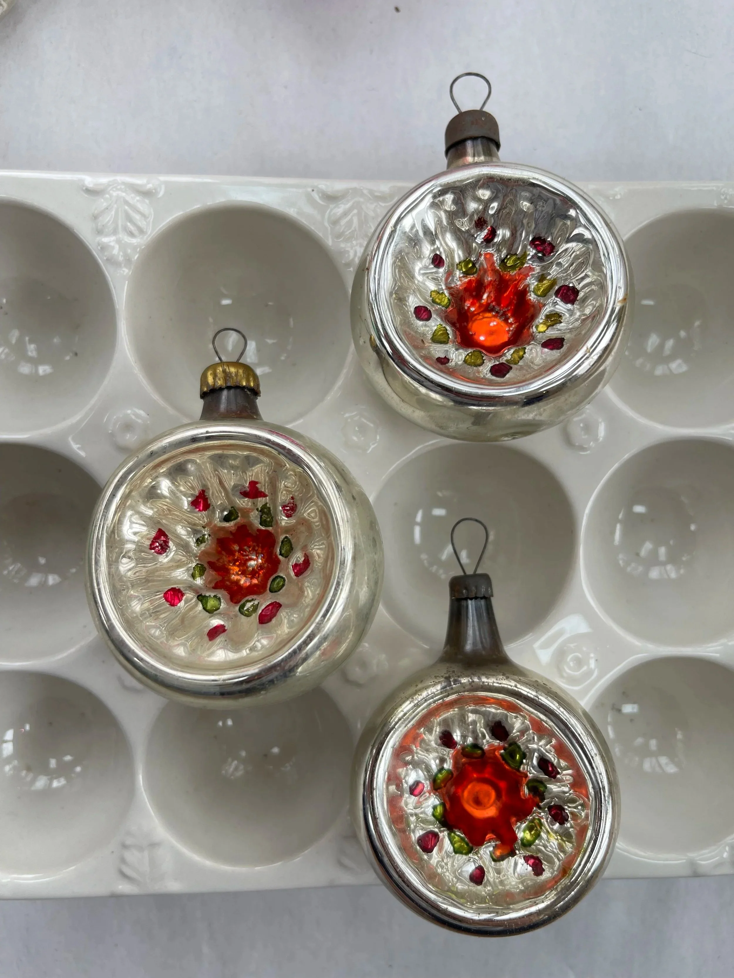 German Antique Glass Indent Ornament Trio.