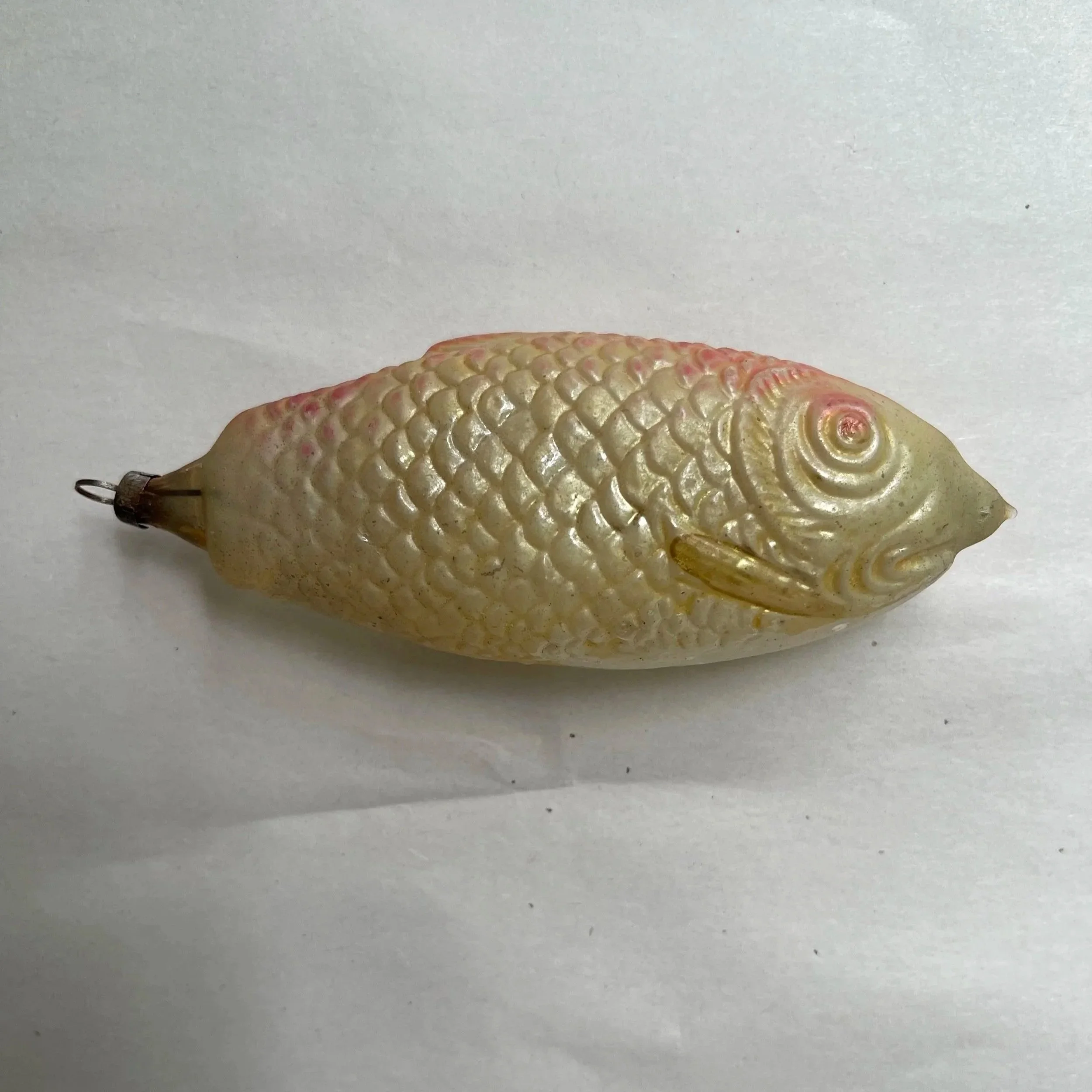 Antique German blown-glass carp fish Christmas ornament.