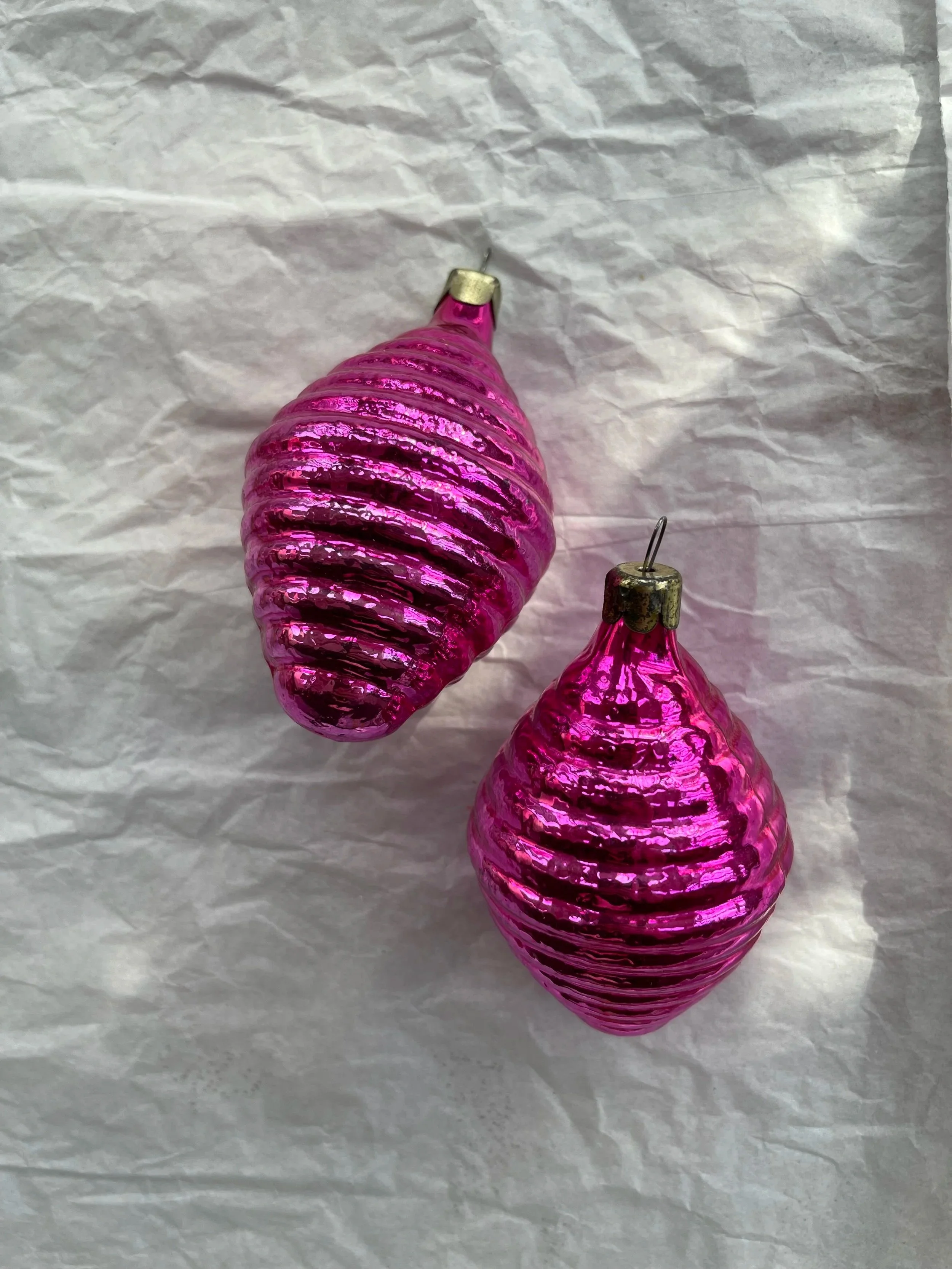 Vintage Pink Ribbed Glass Ornaments (Set of 2).