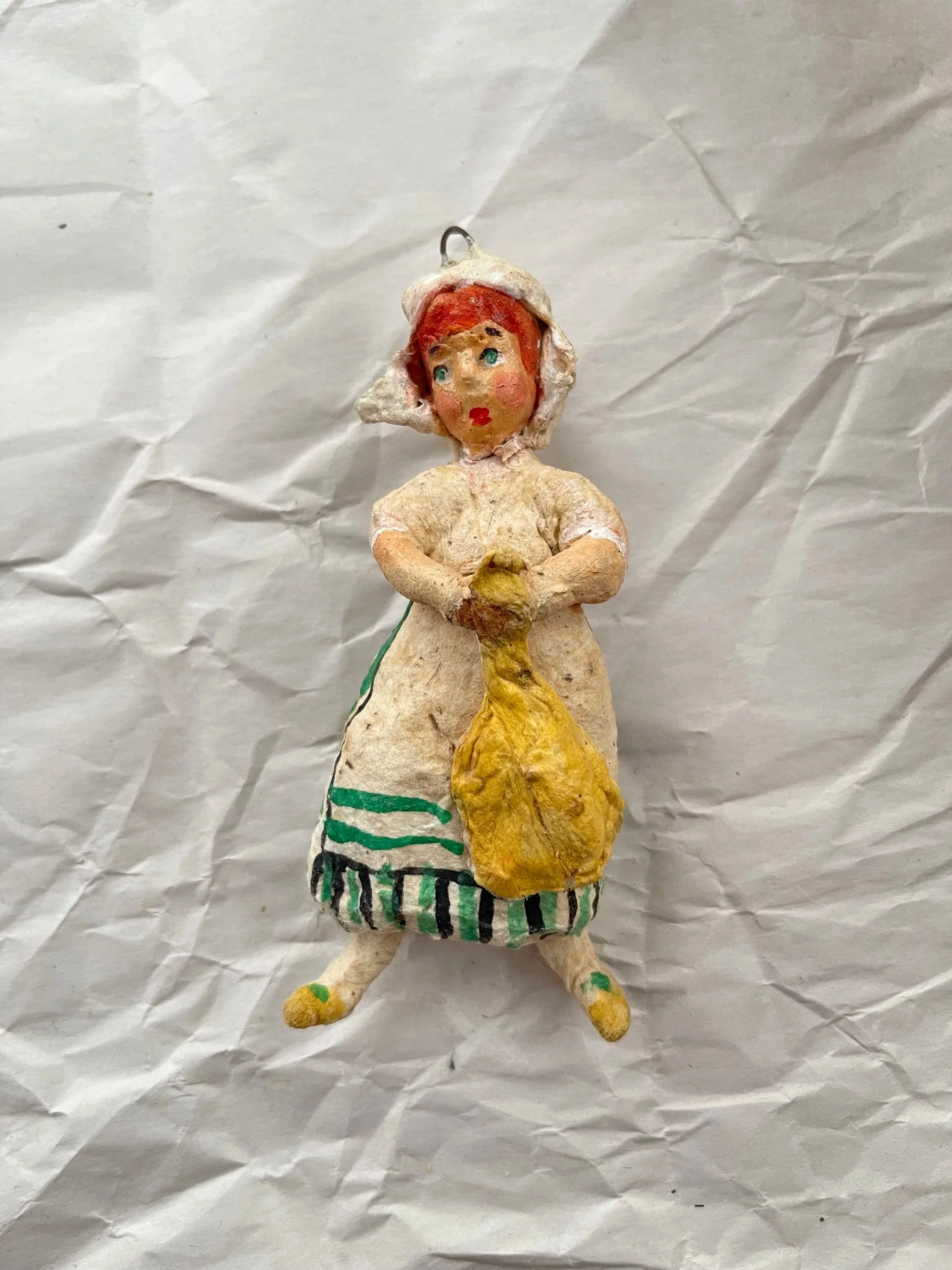 Spun Cotton Ornament- Girl in Green Stripe Skirt.