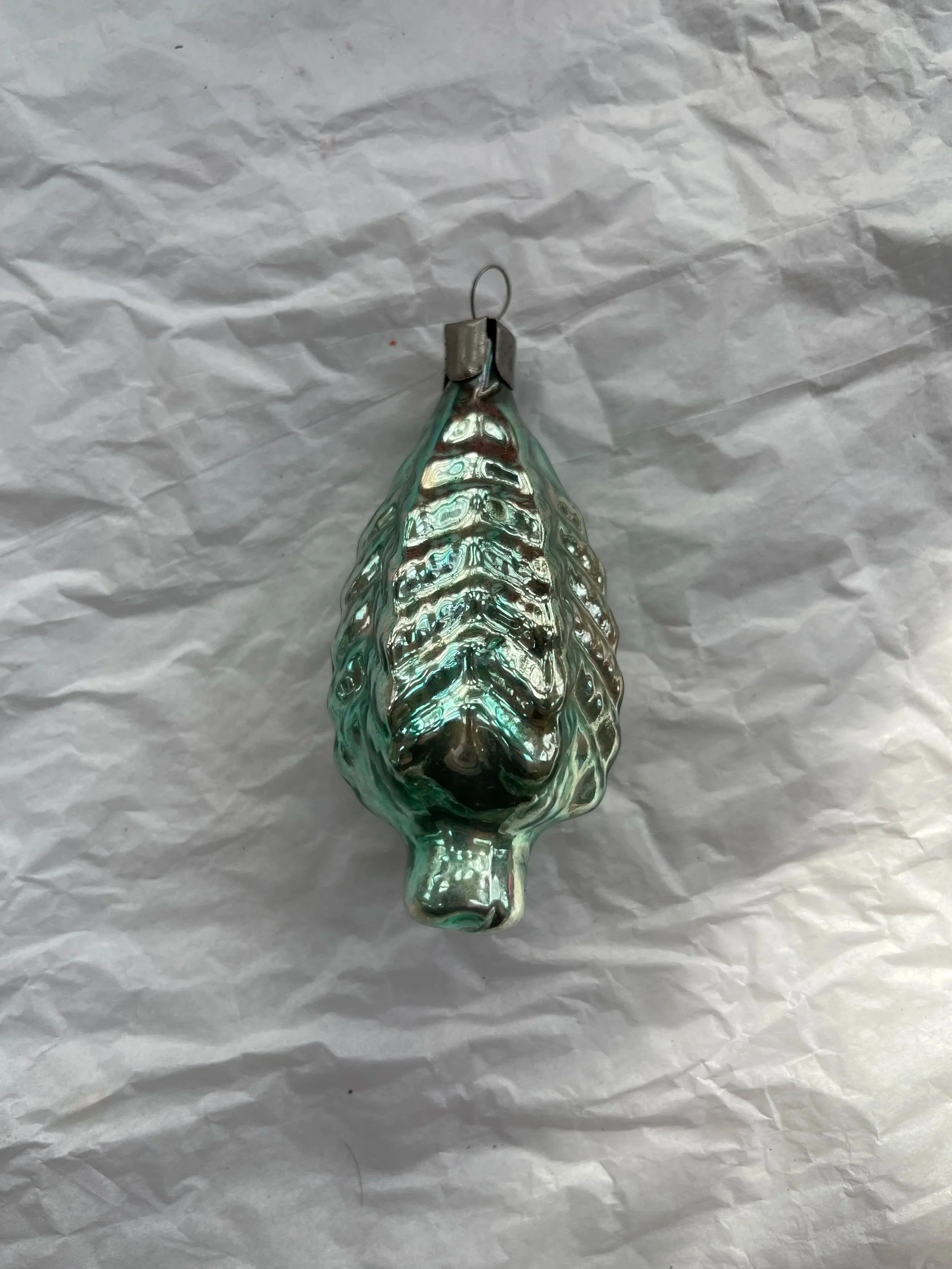 Vintage Blue Mercury Glass Pinecone Ornament.