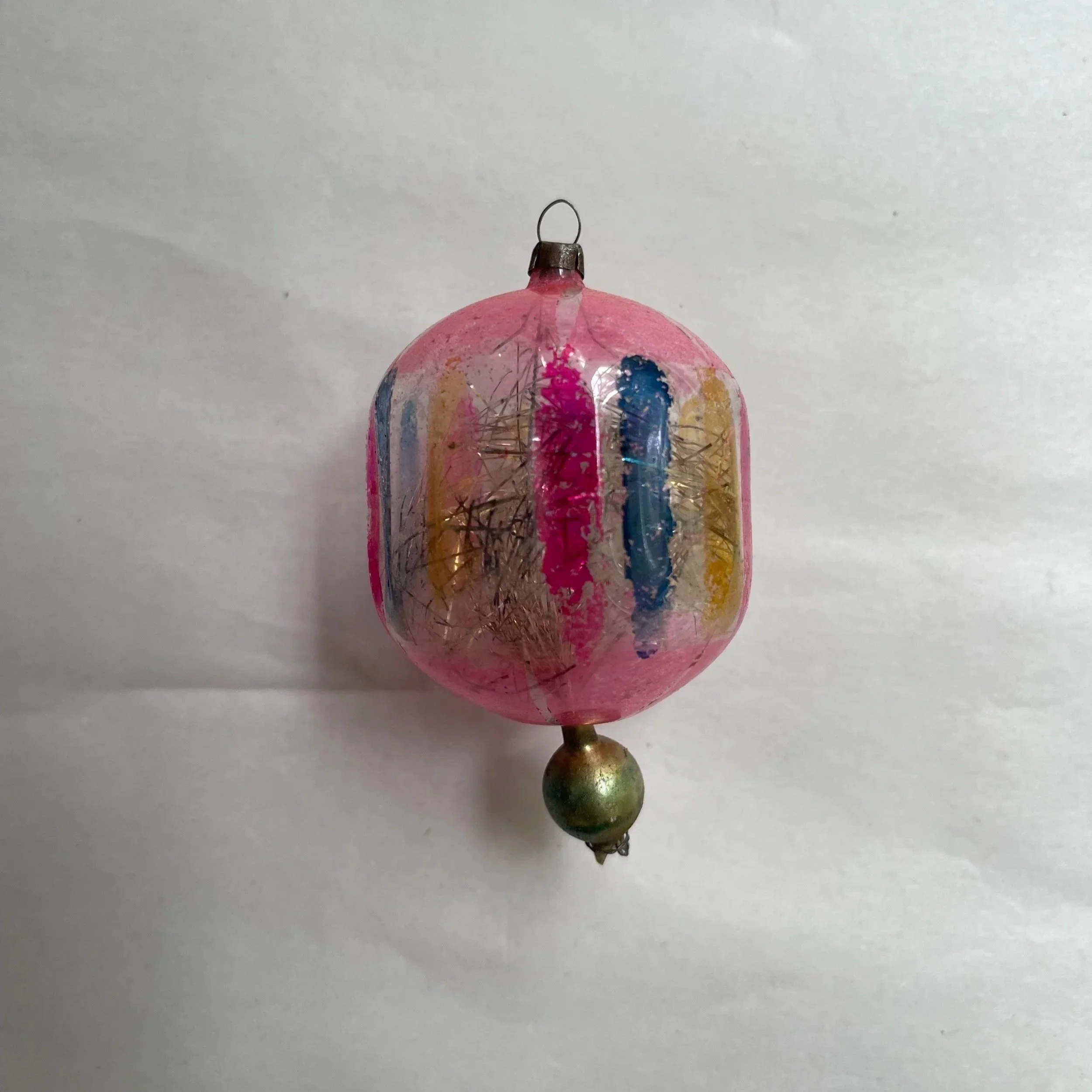 Antique German Pink Multicolor Striped Glass Finial with Tinsel Christmas Ornament.