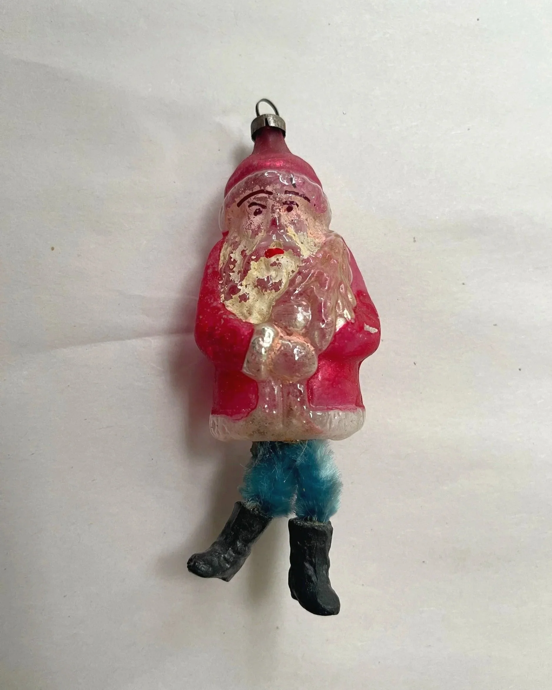Antique German Glass Santa Christmas Ornament with Chenille Legs.