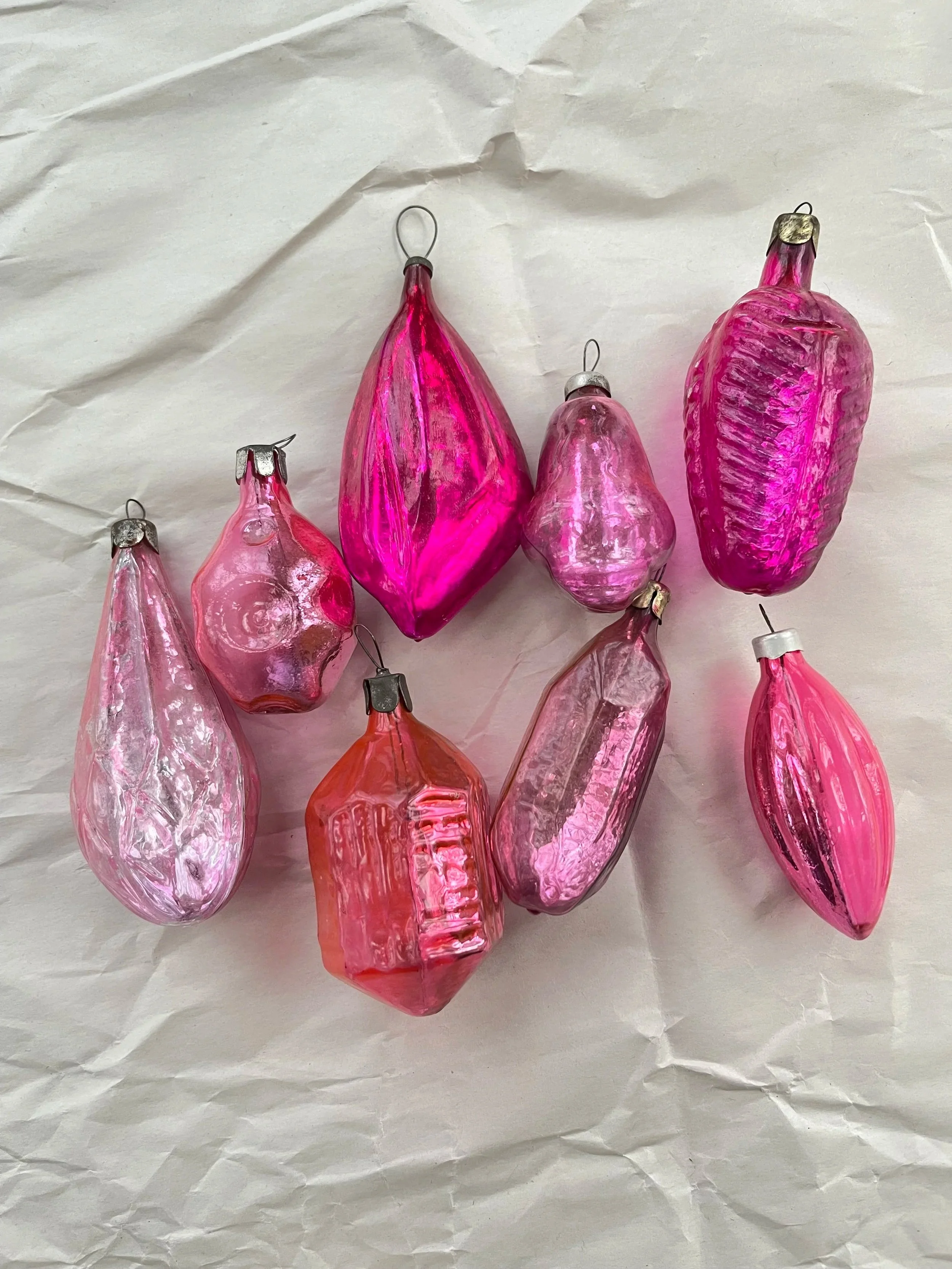 USSR Pink Glass Ornament Set — 8 Ribbed & Drop Shapes.