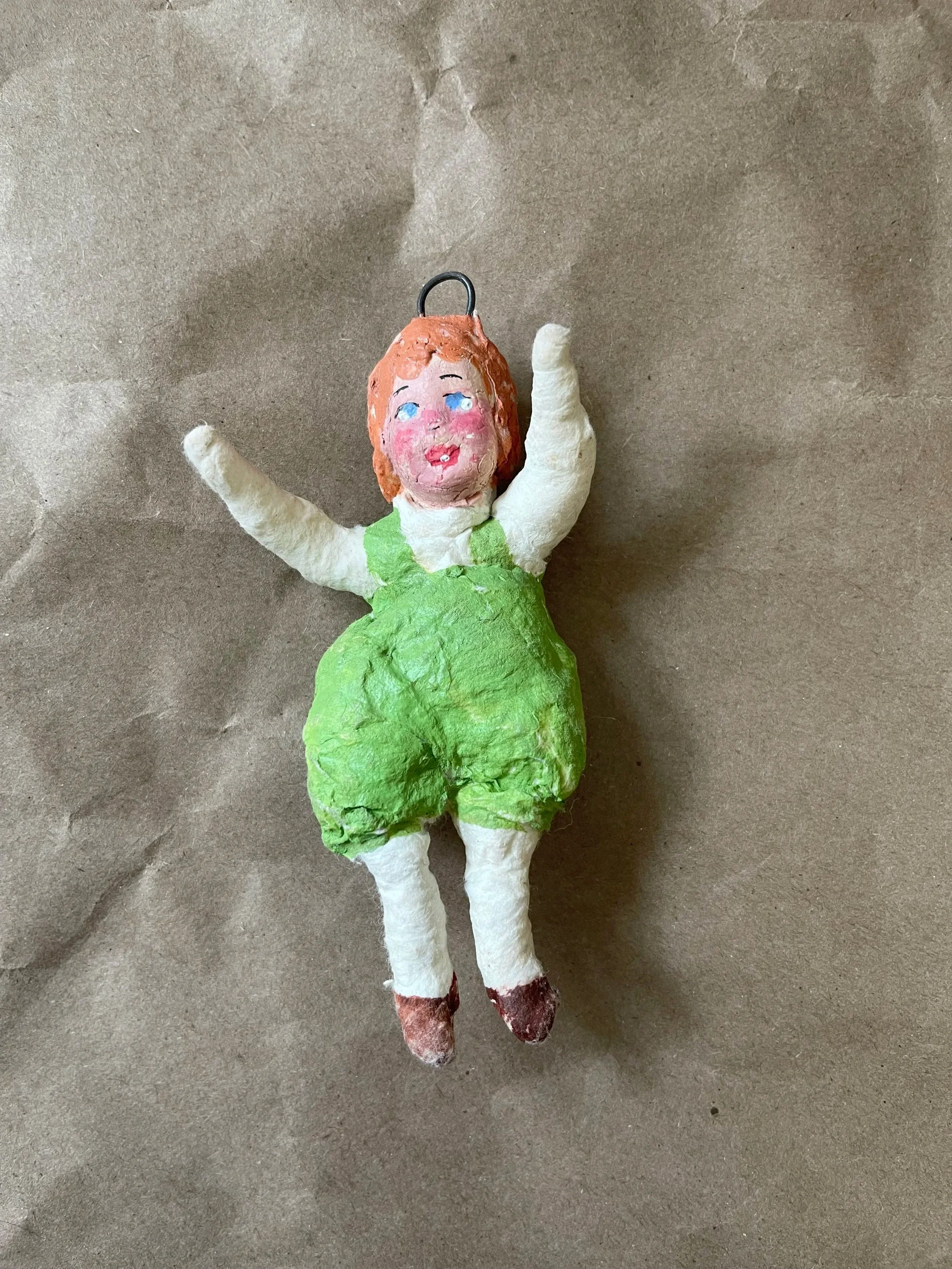 Russian Spun Cotton Child in Green Overalls Ornament.