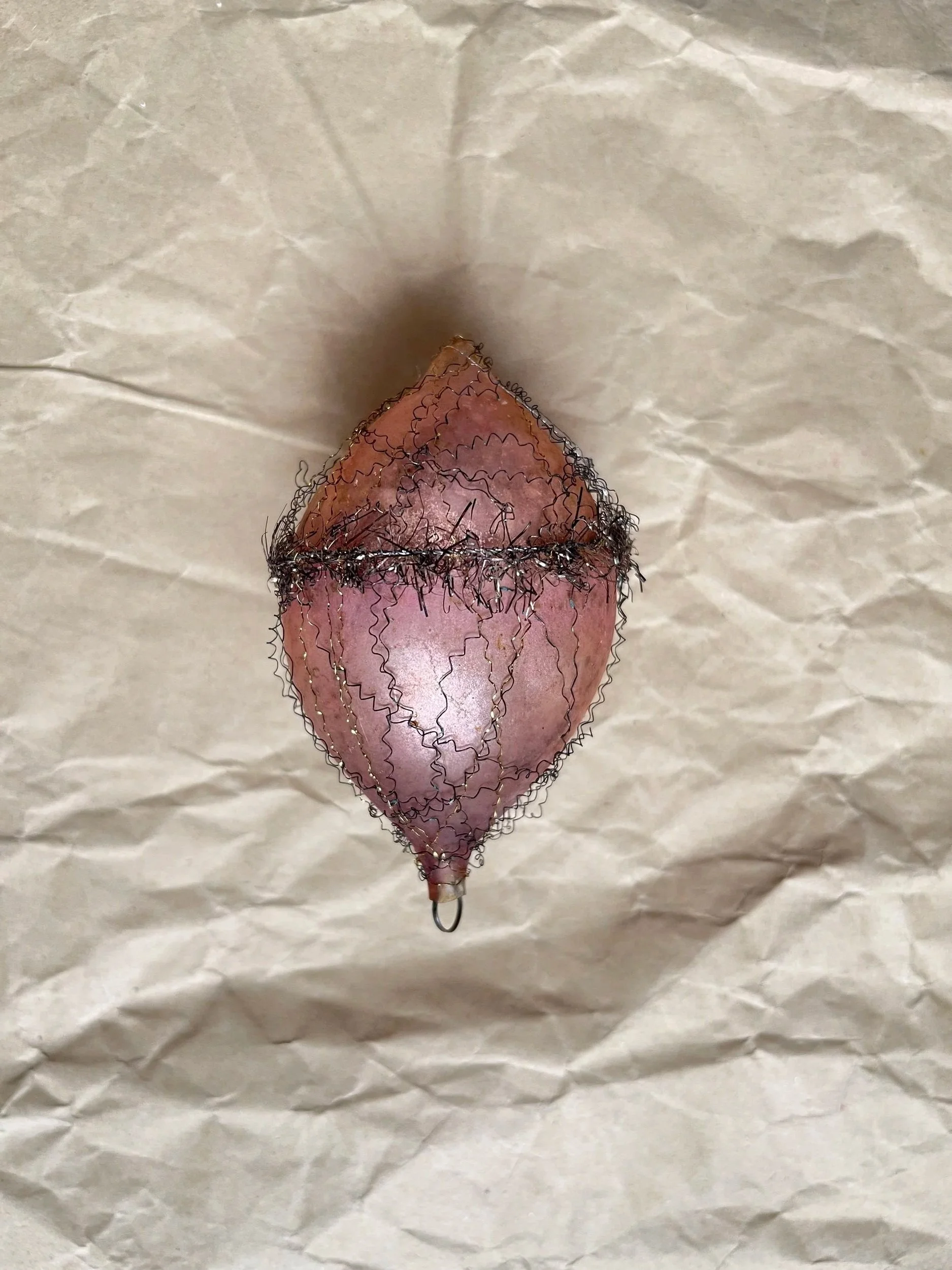 Antique Pink Wire-Wrapped Glass Christmas Ornament