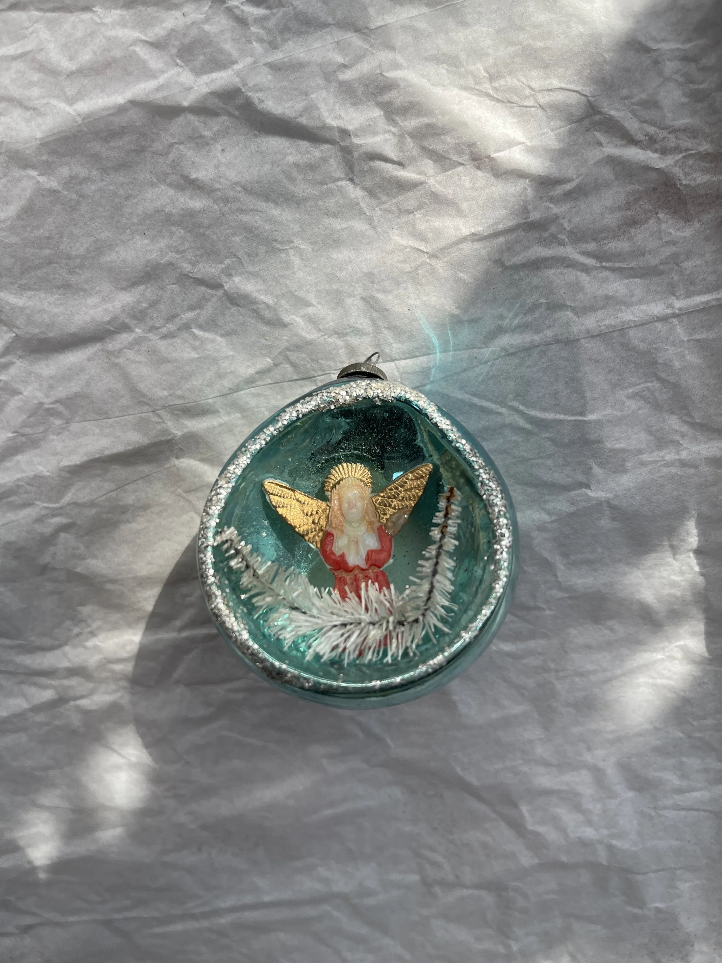 Vintage Teal Diorama Glass Ornament with Angel Scene