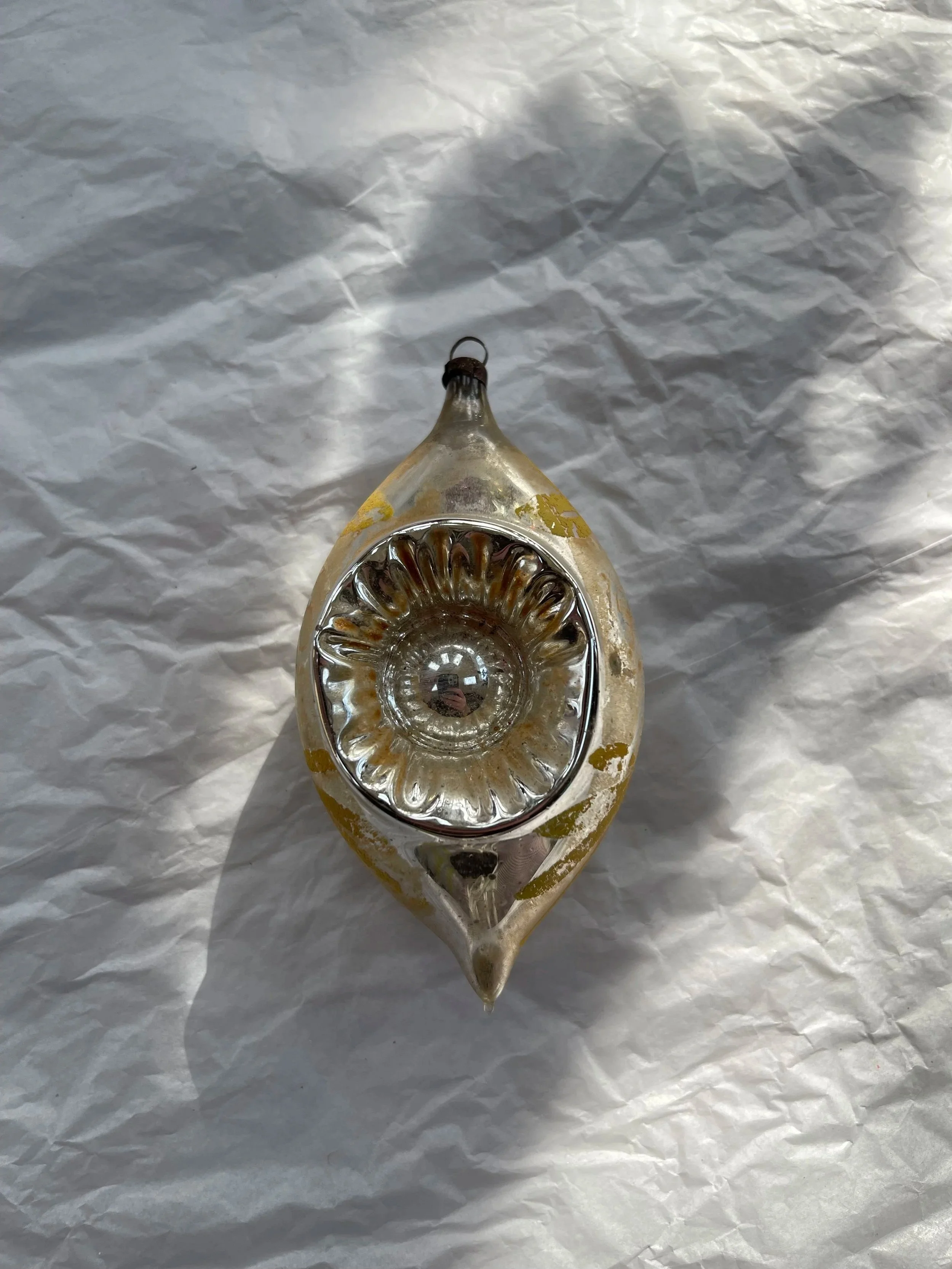 Large Vintage German Double Indent Glass Ornament with Yellow Detailing.