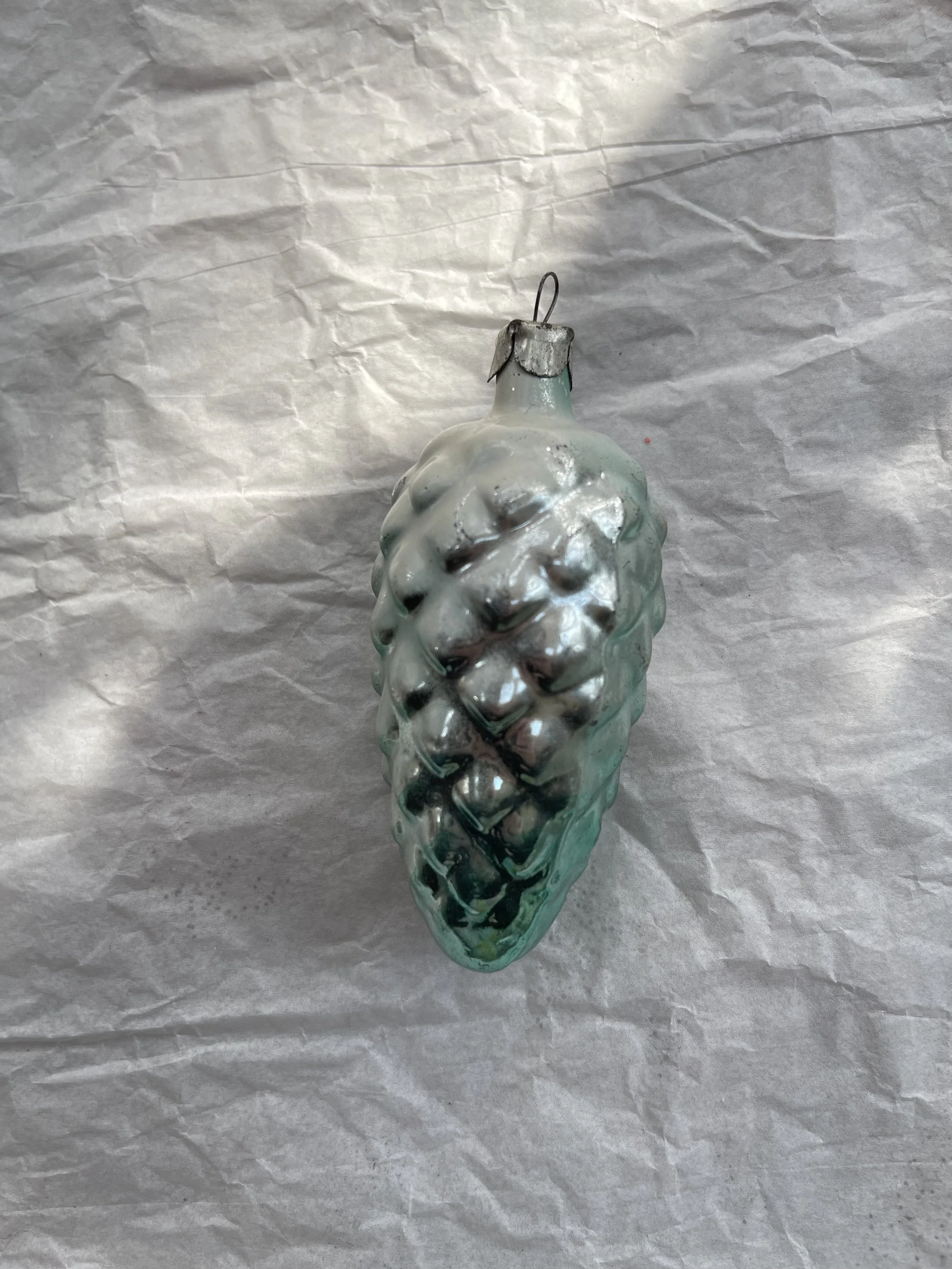 Vintage USSR Blue Pinecone Glass Ornament with Frost