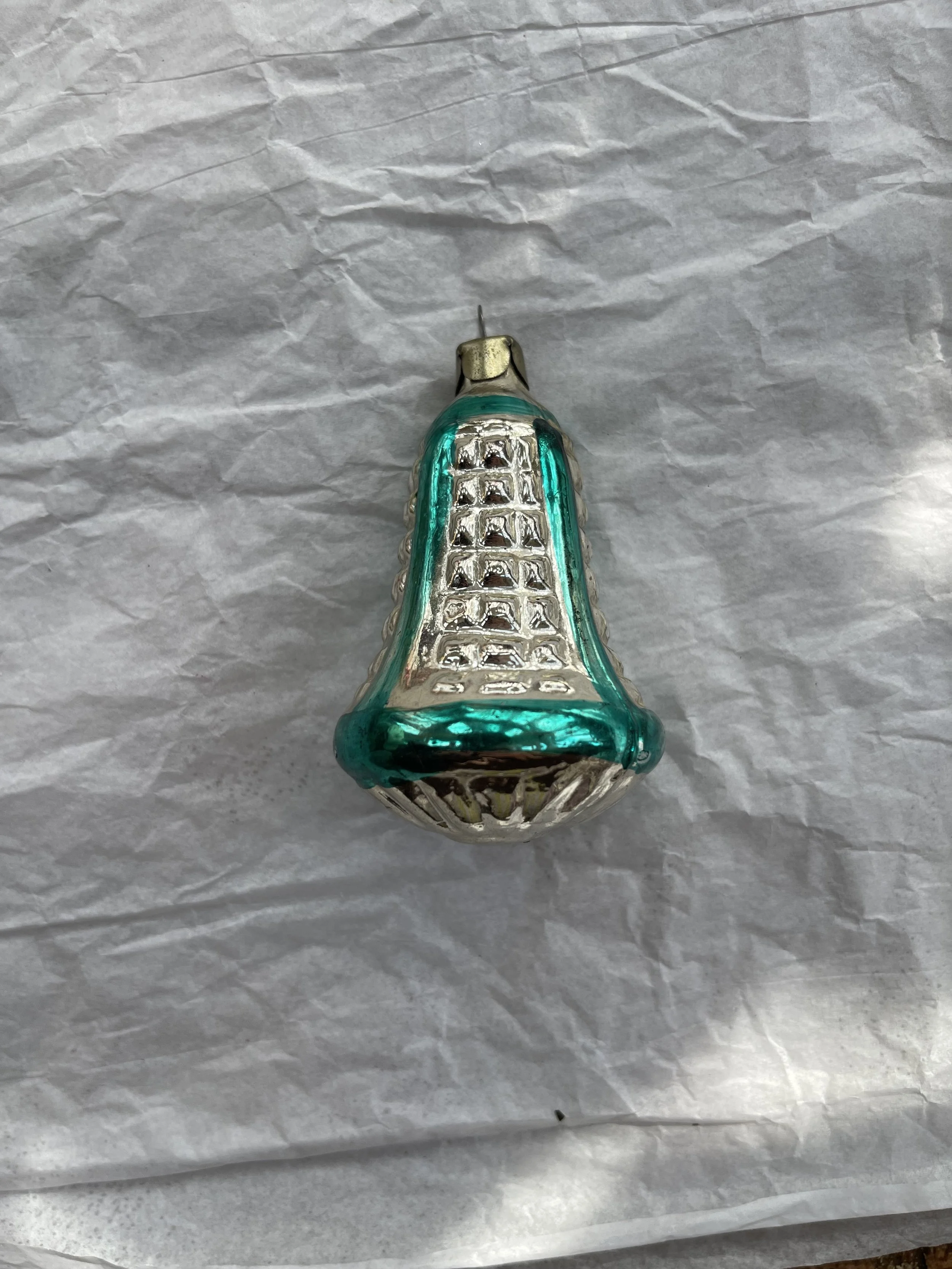 Vintage USSR Teal Studded Bell Glass Ornament
