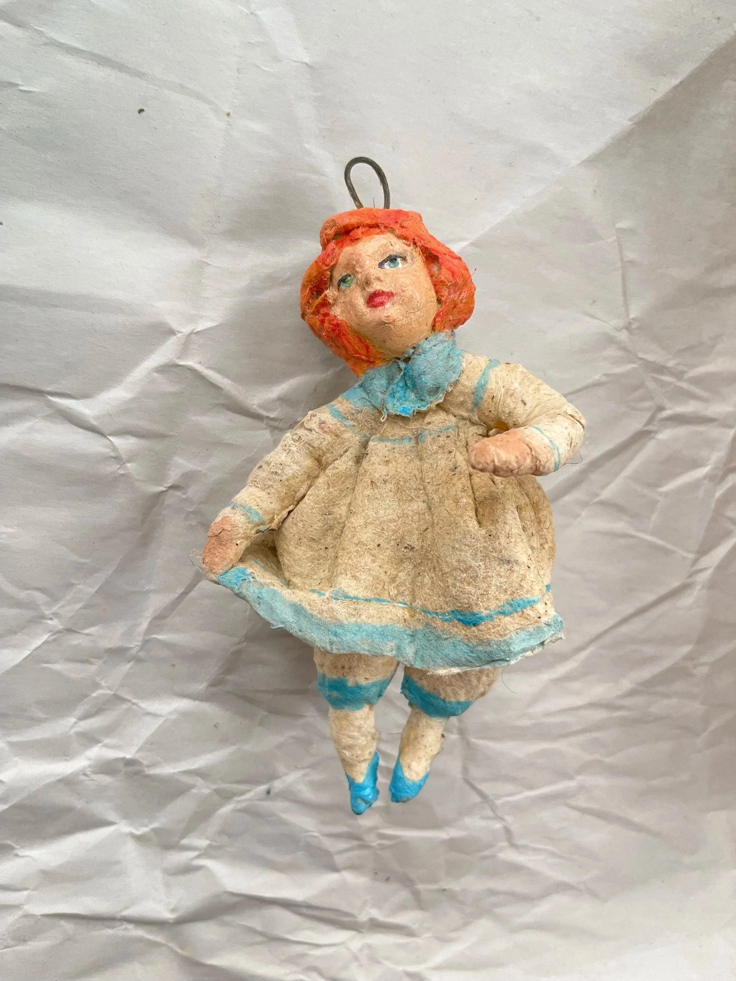Spun Cotton ornament- Girl with Blue Trim Dress.