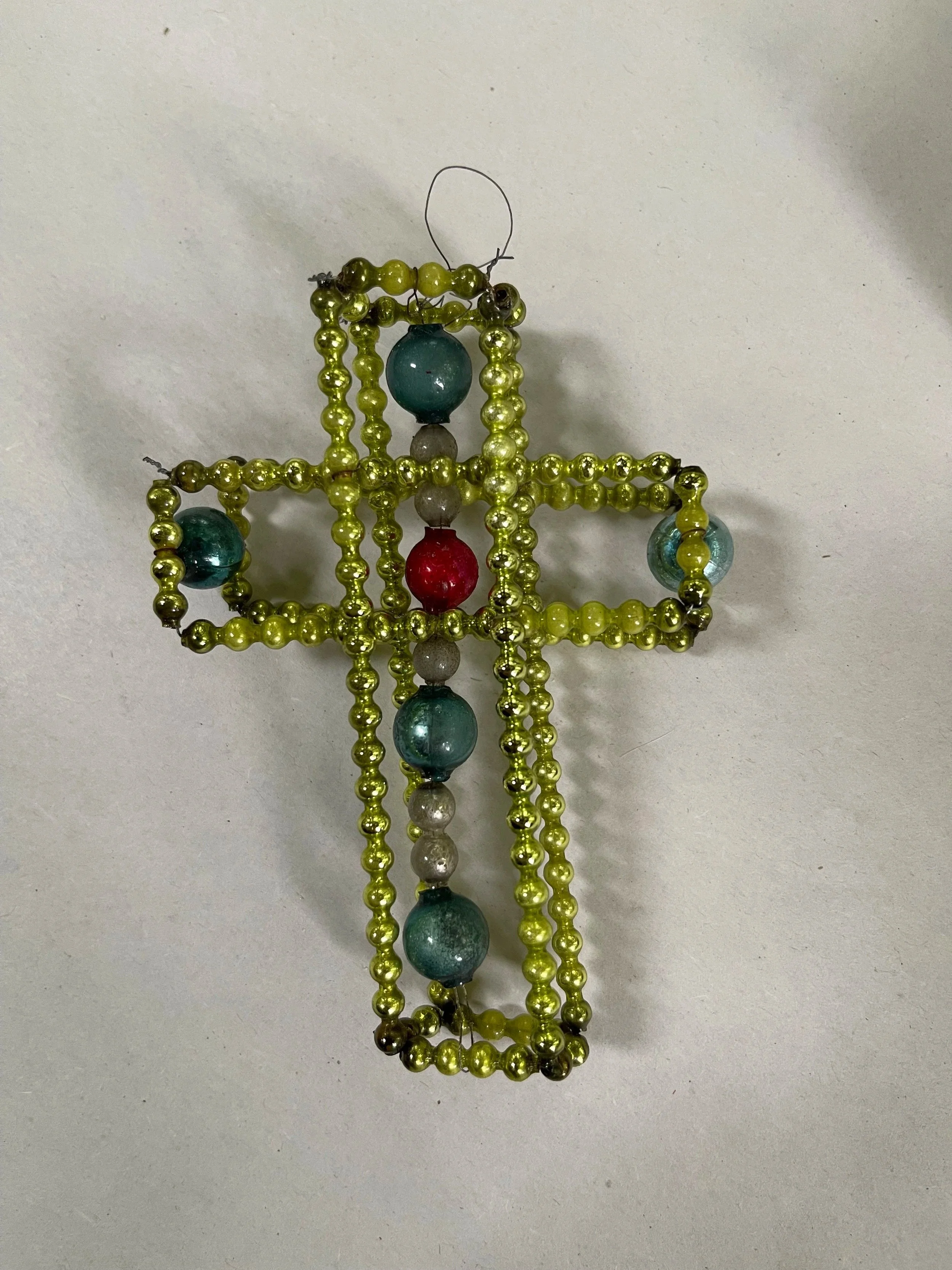 Vintage Czech Beaded Glass Cross Ornament.