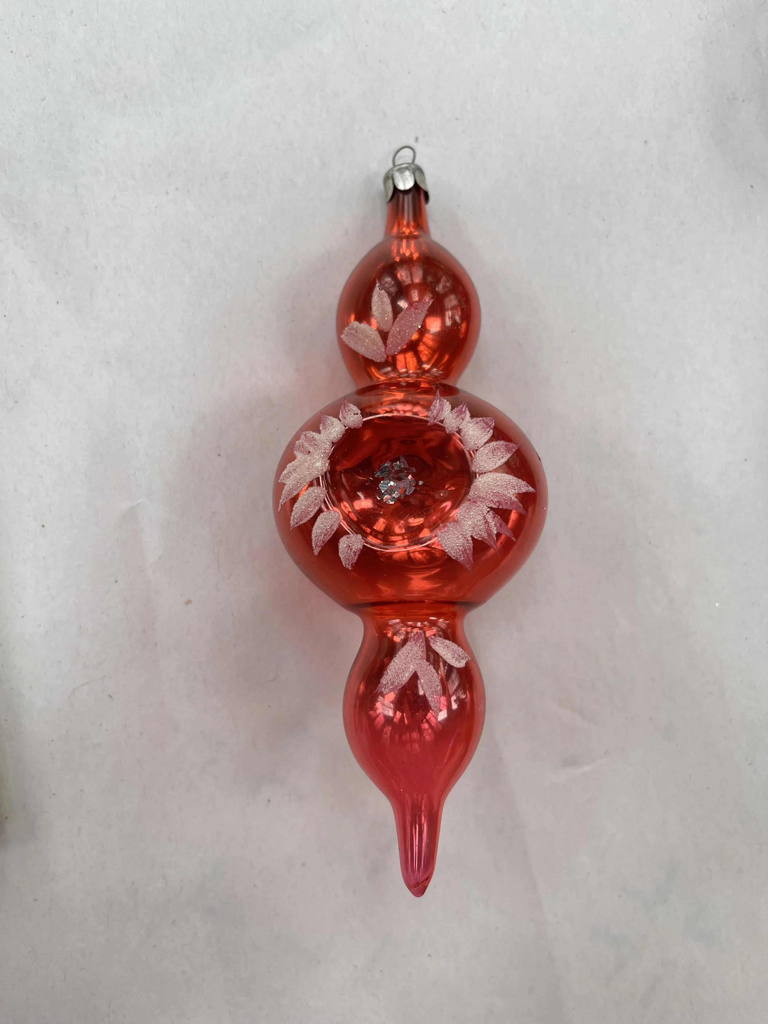 Large Vintage USSR Red Triple Drop Glass Ornament with Hand-Painted Frosted Detail
