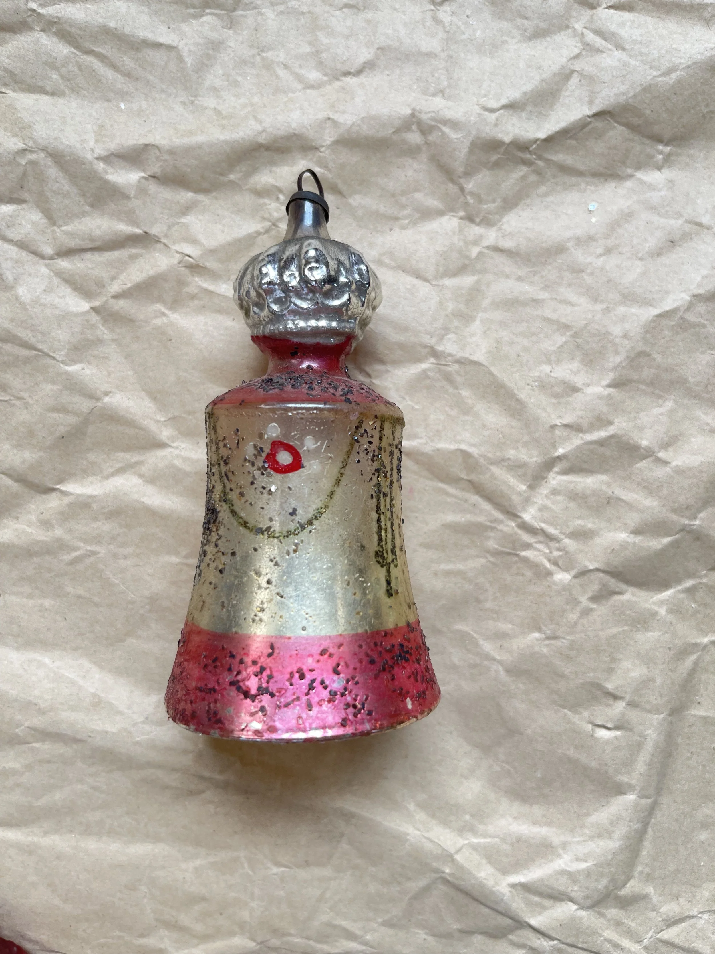 Antique Pink and Gold Glass Bell with Crown on Top Christmas Ornament