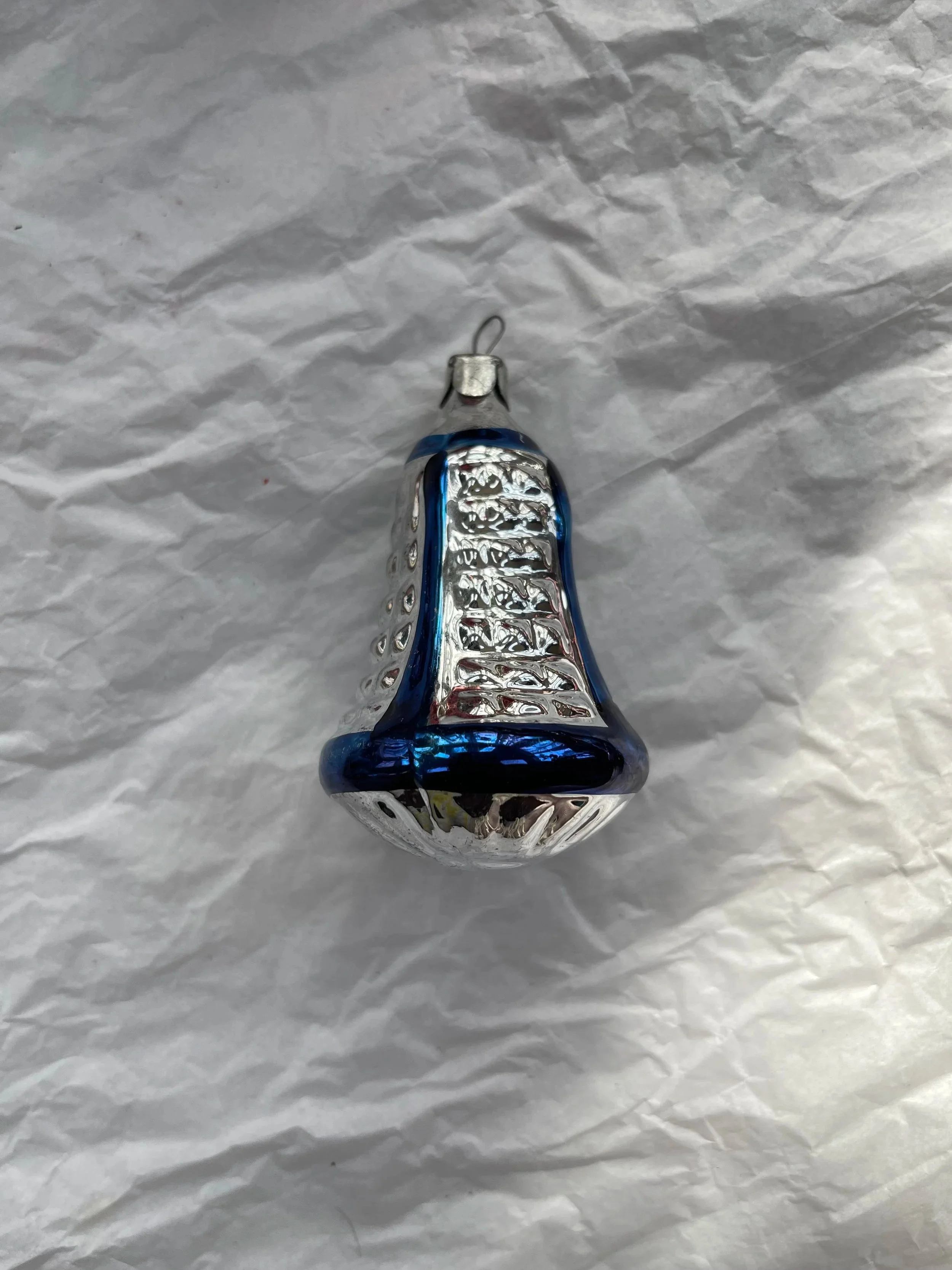 Vintage USSR Silver Studded Bell Ornament with Blue Stripes.